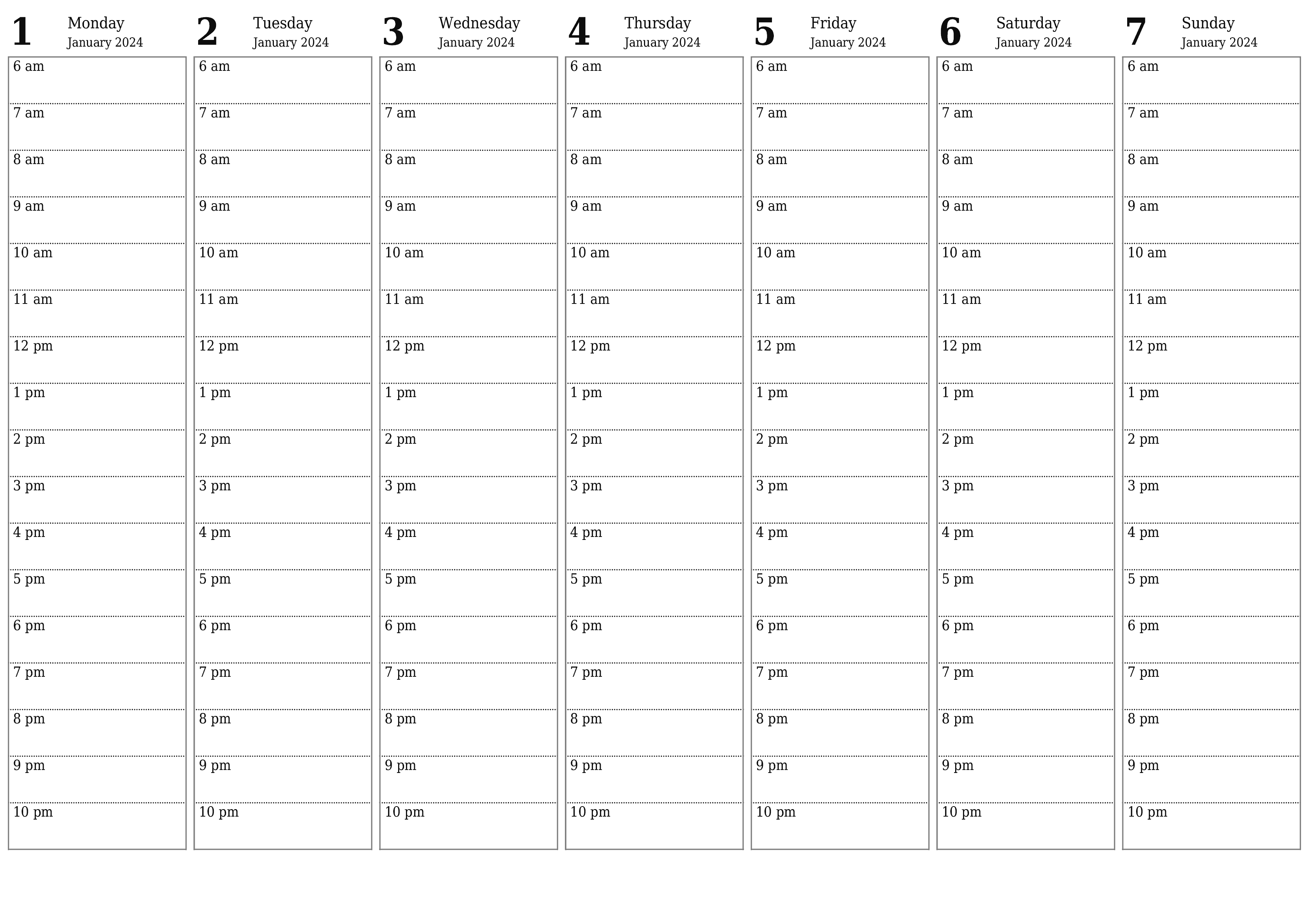 Blank weekly printable calendar and planner for week January 2024 with notes, save and print to PDF PNG English