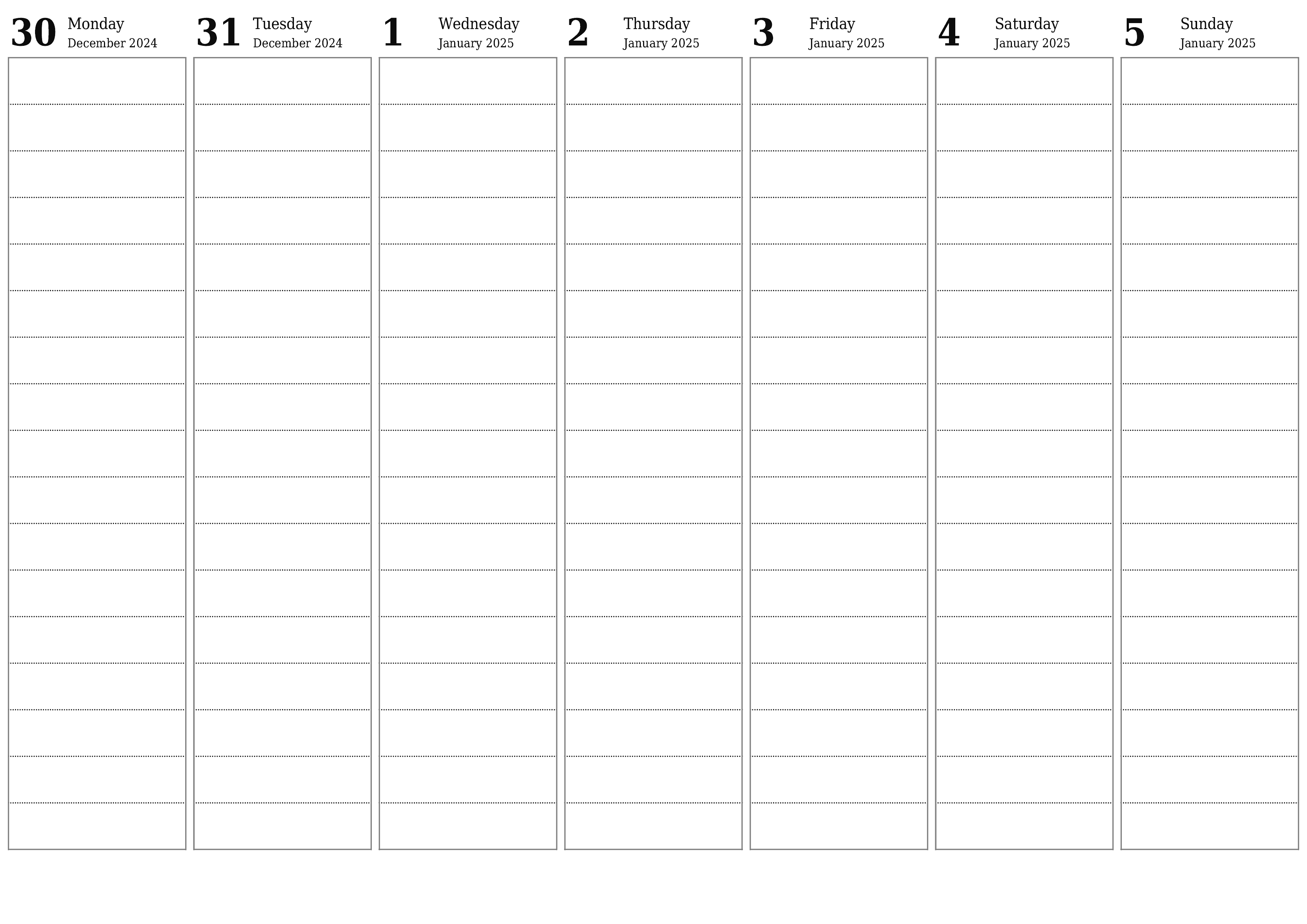 Blank weekly printable calendar and planner for week January 2025 with notes, save and print to PDF PNG English