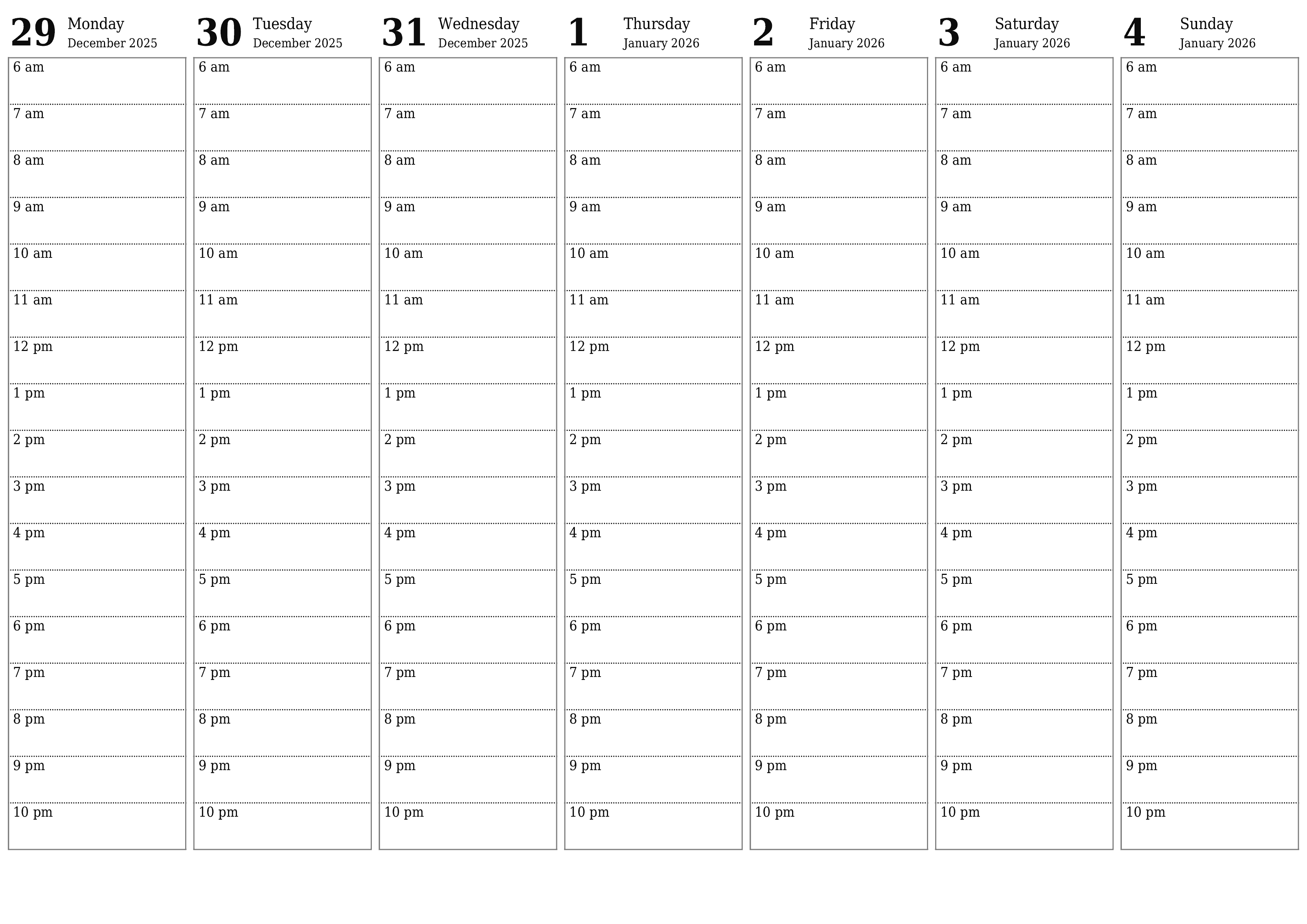 Blank weekly printable calendar and planner for week January 2026 with notes, save and print to PDF PNG English