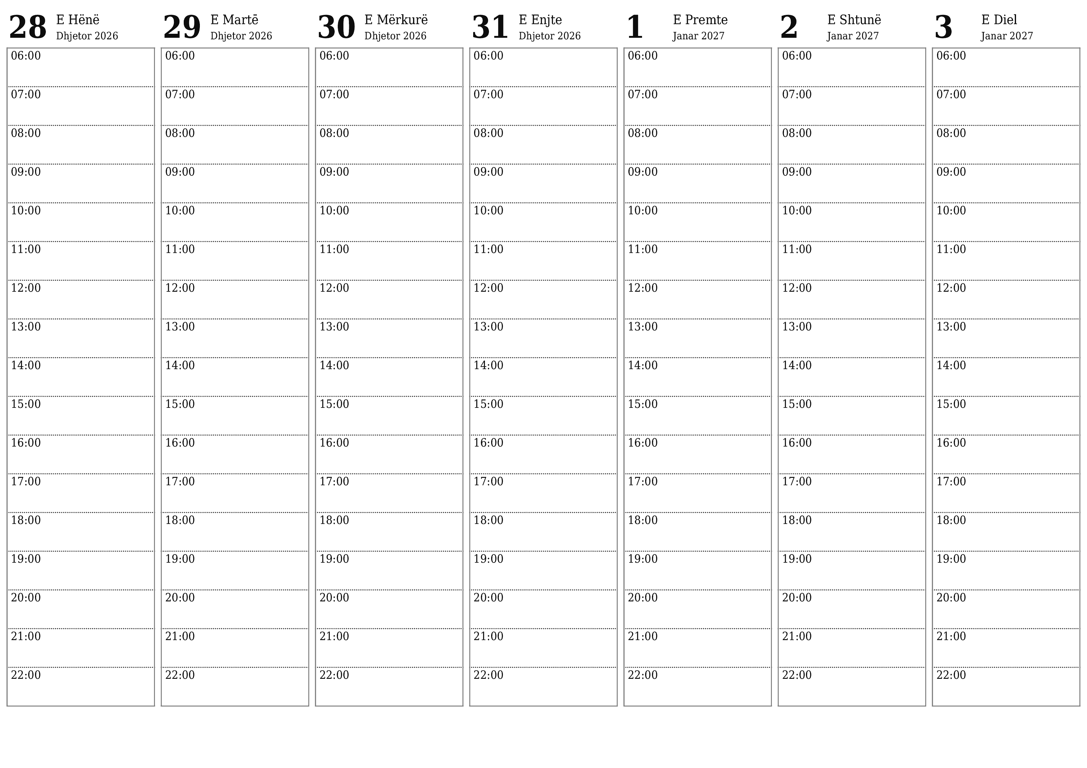 Planifikuesi bosh javor i kalendarit për javë Janar 2027 me shënime, ruani dhe printoni në PDF PNG Albanian