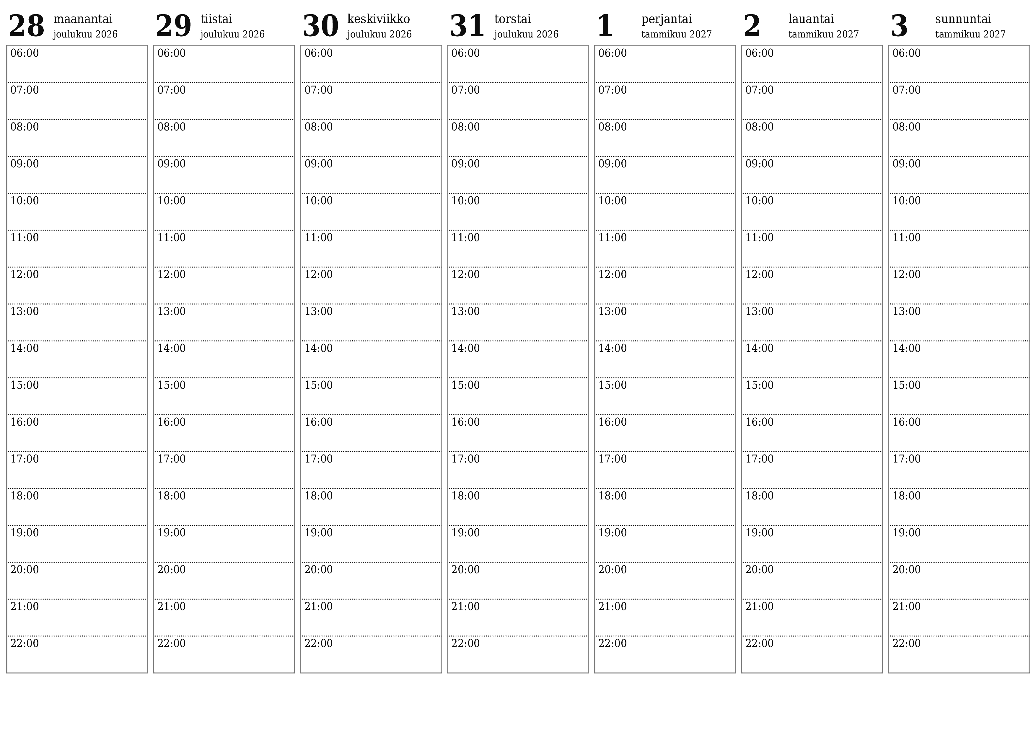 Tyhjennä viikkosuunnittelija viikkojen ajan Tammikuu 2027 muistiinpanoilla, tallenna ja tulosta PDF-muotoon PNG Finnish