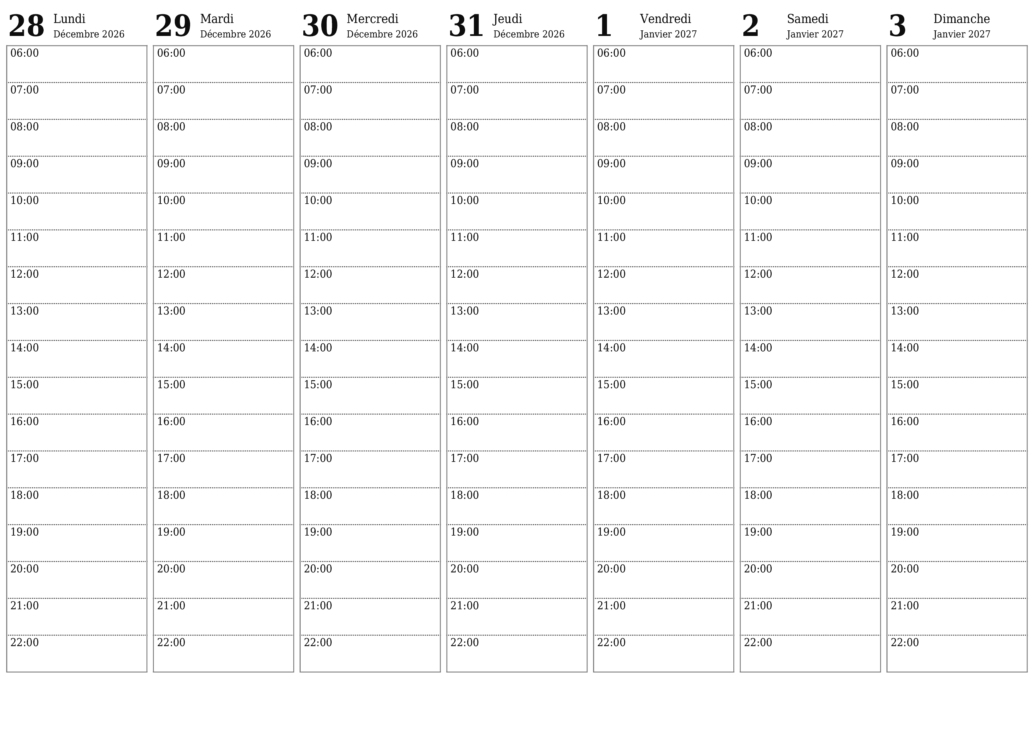  imprimable mural modèle de gratuithorizontal Hebdomadaire planificateur calendrier Janvier (Jan) 2027