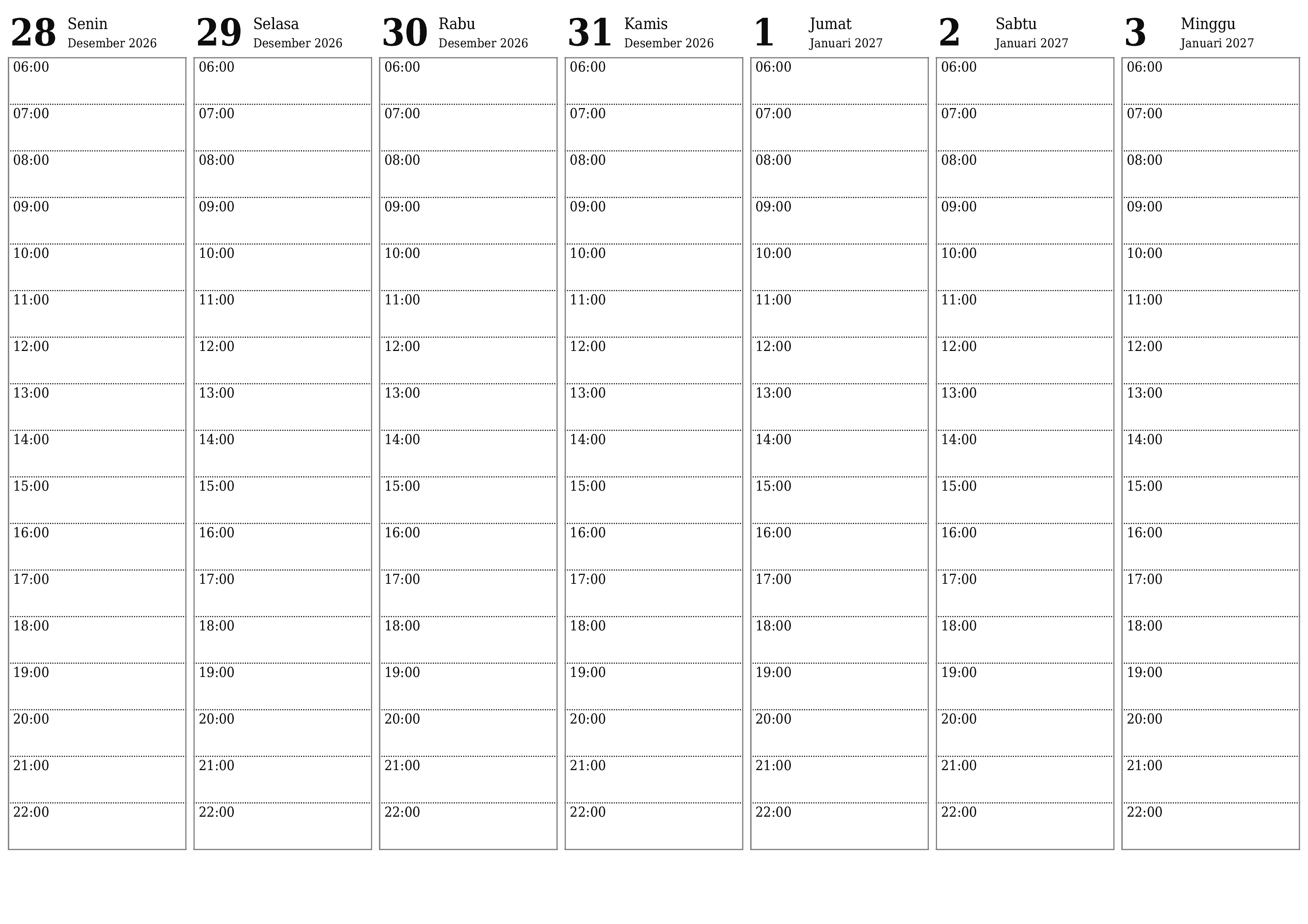 Kosongkan agenda mingguan untuk minggu Januari 2027 dengan catatan, simpan dan cetak ke PDF PNG Indonesian