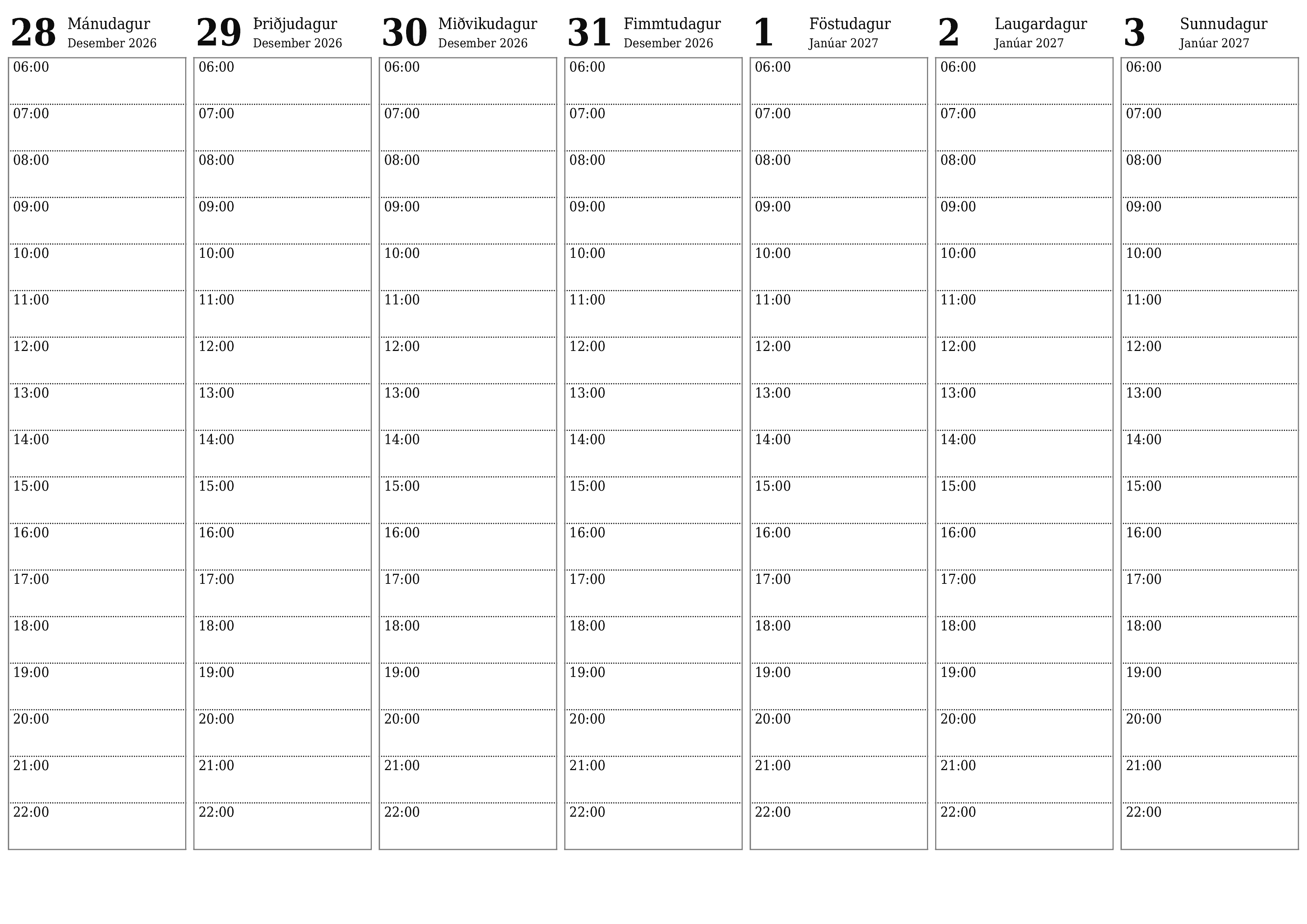 Tómur vikulegur skipuleggjandi vikum saman Janúar 2027 með athugasemdum, vistaðu og prentaðu á PDF PNG Icelandic