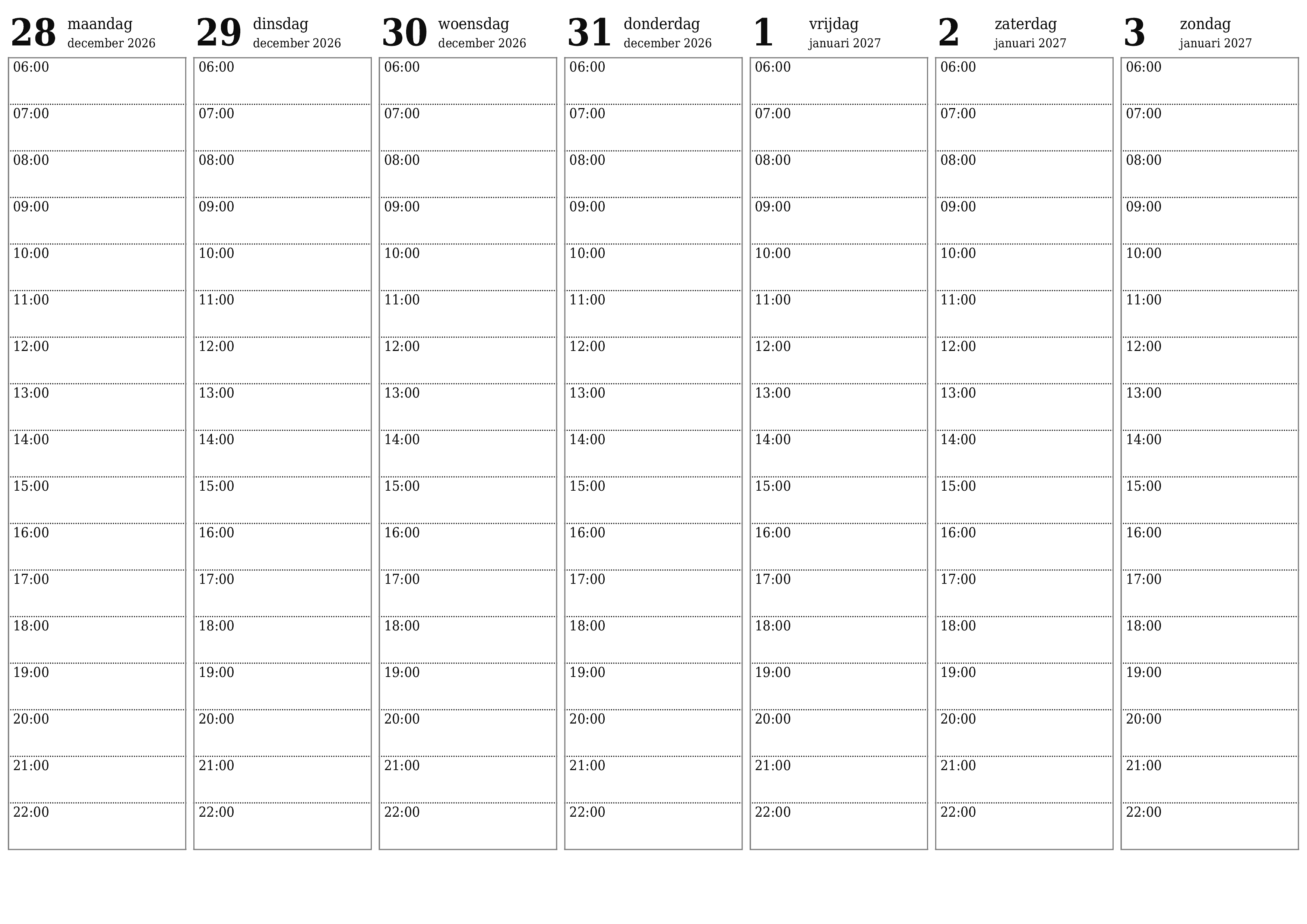 Lege weekplanner voor weken januari 2027 met notities, opslaan en afdrukken naar pdf PNG Dutch