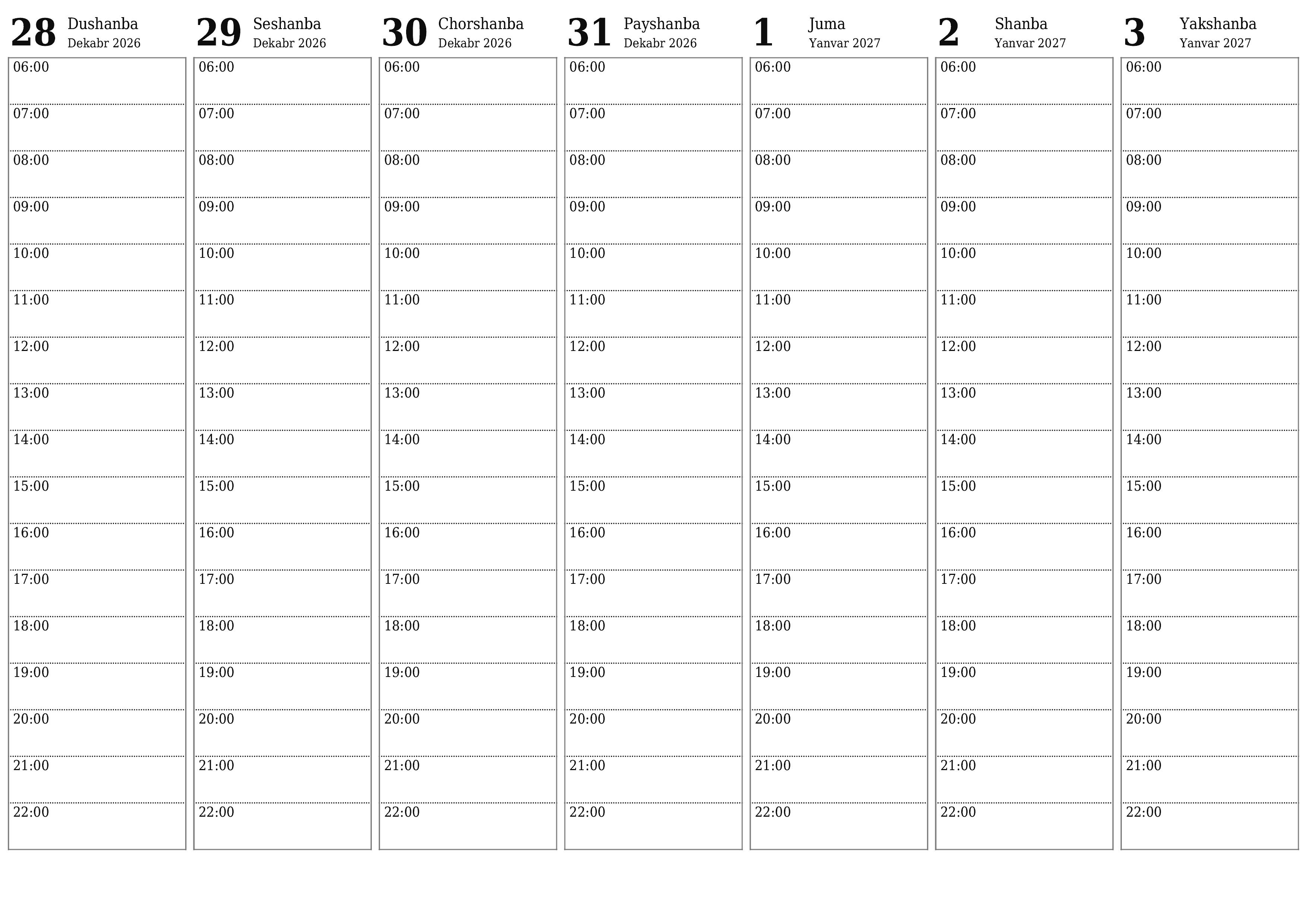 Haftalik rejalashtiruvchi Yanvar 2027 haftalar uchun yozuvlar bilan bo'shatib, saqlang va PDF-ga chop eting PNG Uzbek