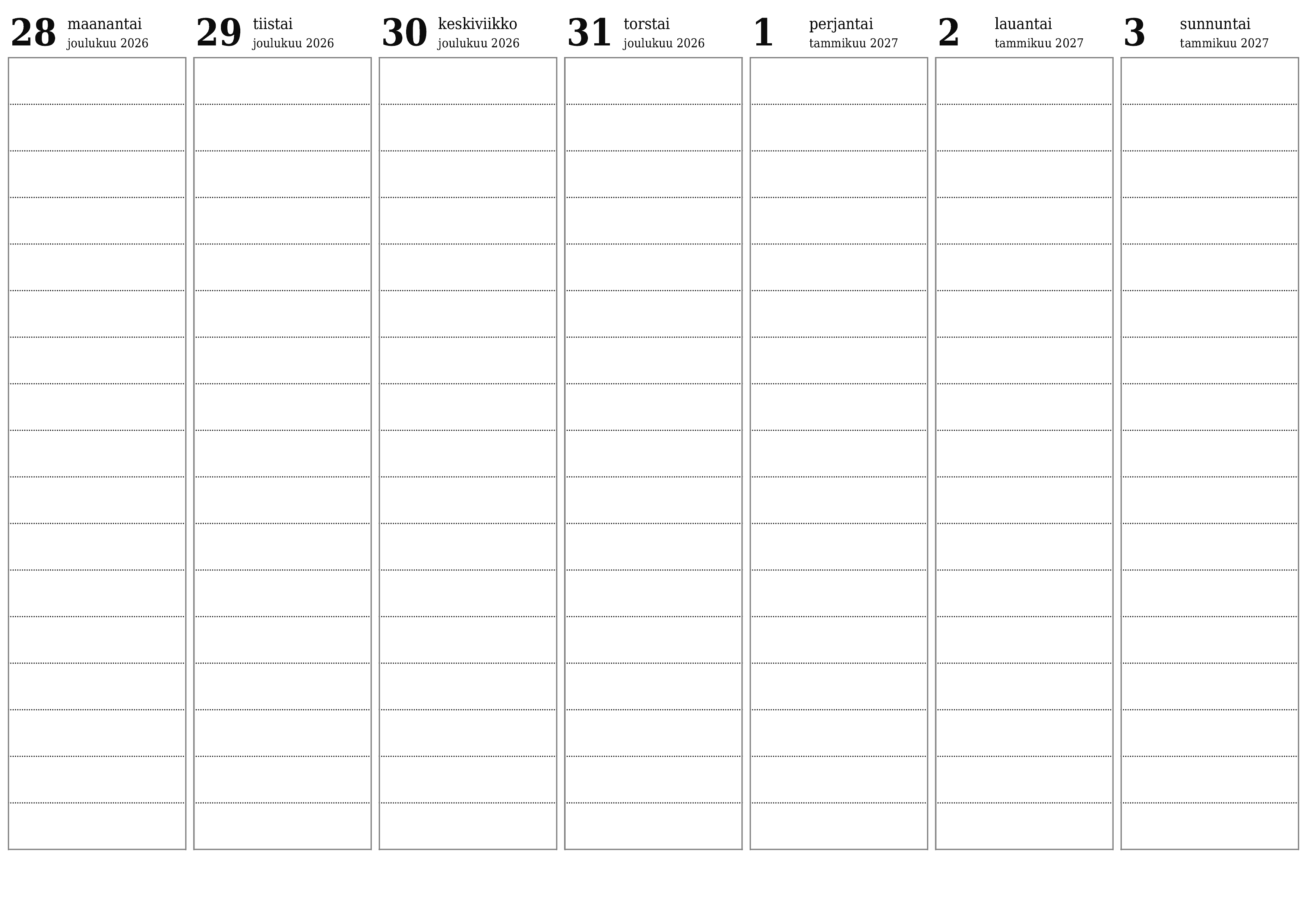 Tyhjennä viikkosuunnittelija viikkojen ajan Tammikuu 2027 muistiinpanoilla, tallenna ja tulosta PDF-muotoon PNG Finnish