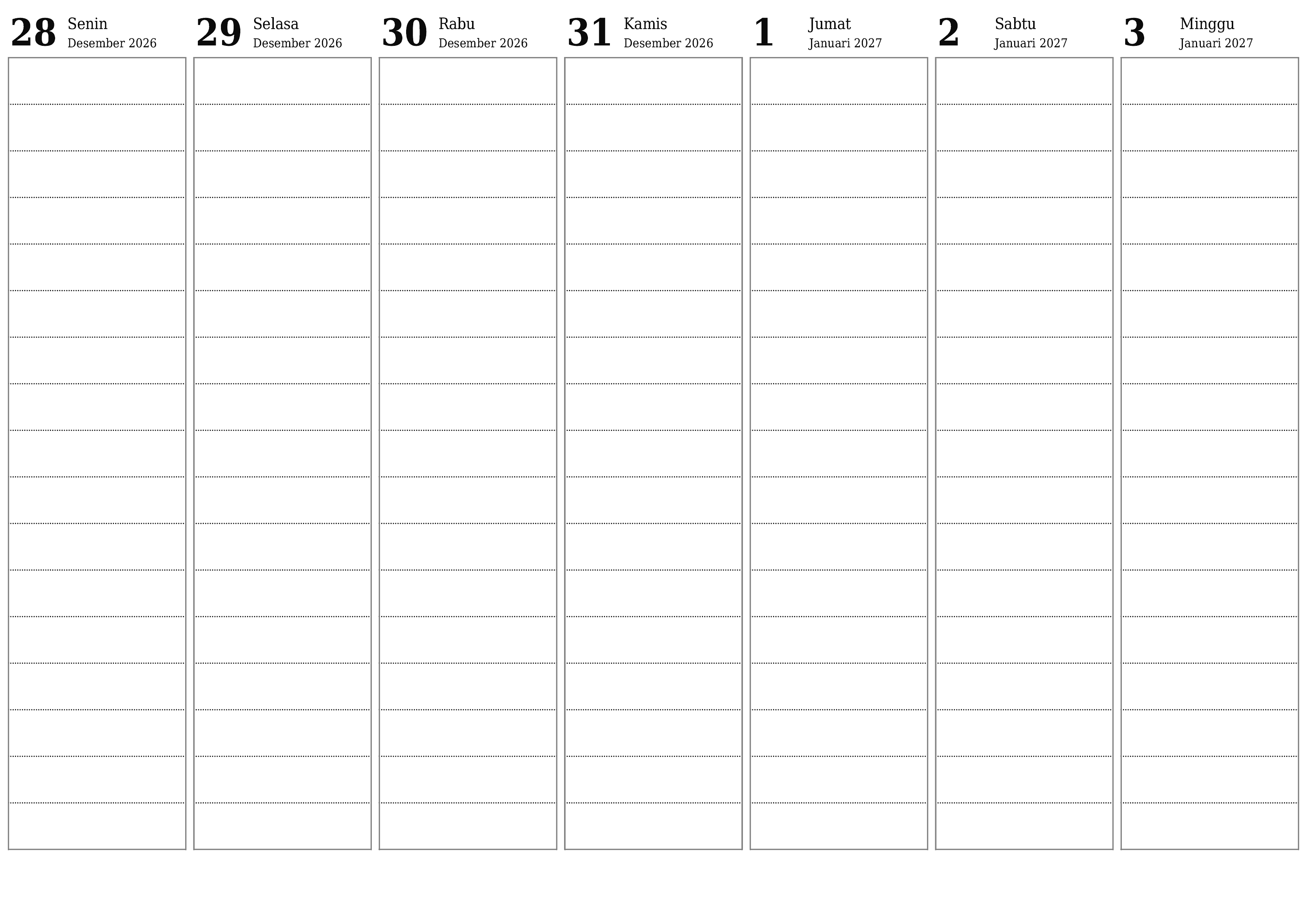  yang dapat dicetak dinding templat gratishorisontal Mingguan perencana kalender Januari (Jan) 2027