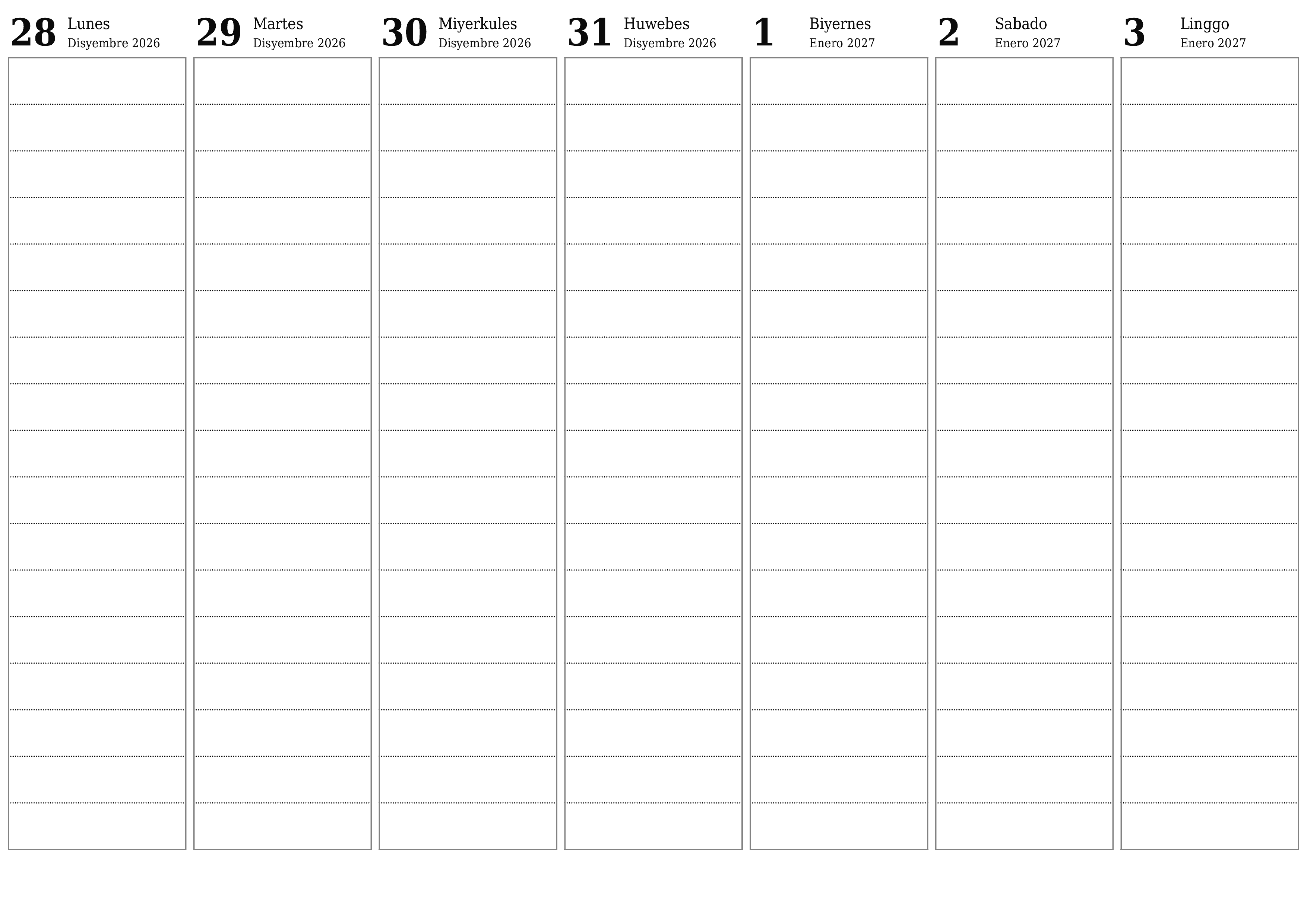 napi-print na sa dingding template ng libreng pahalang Lingguhan tagaplano kalendaryo Enero (Ene) 2027