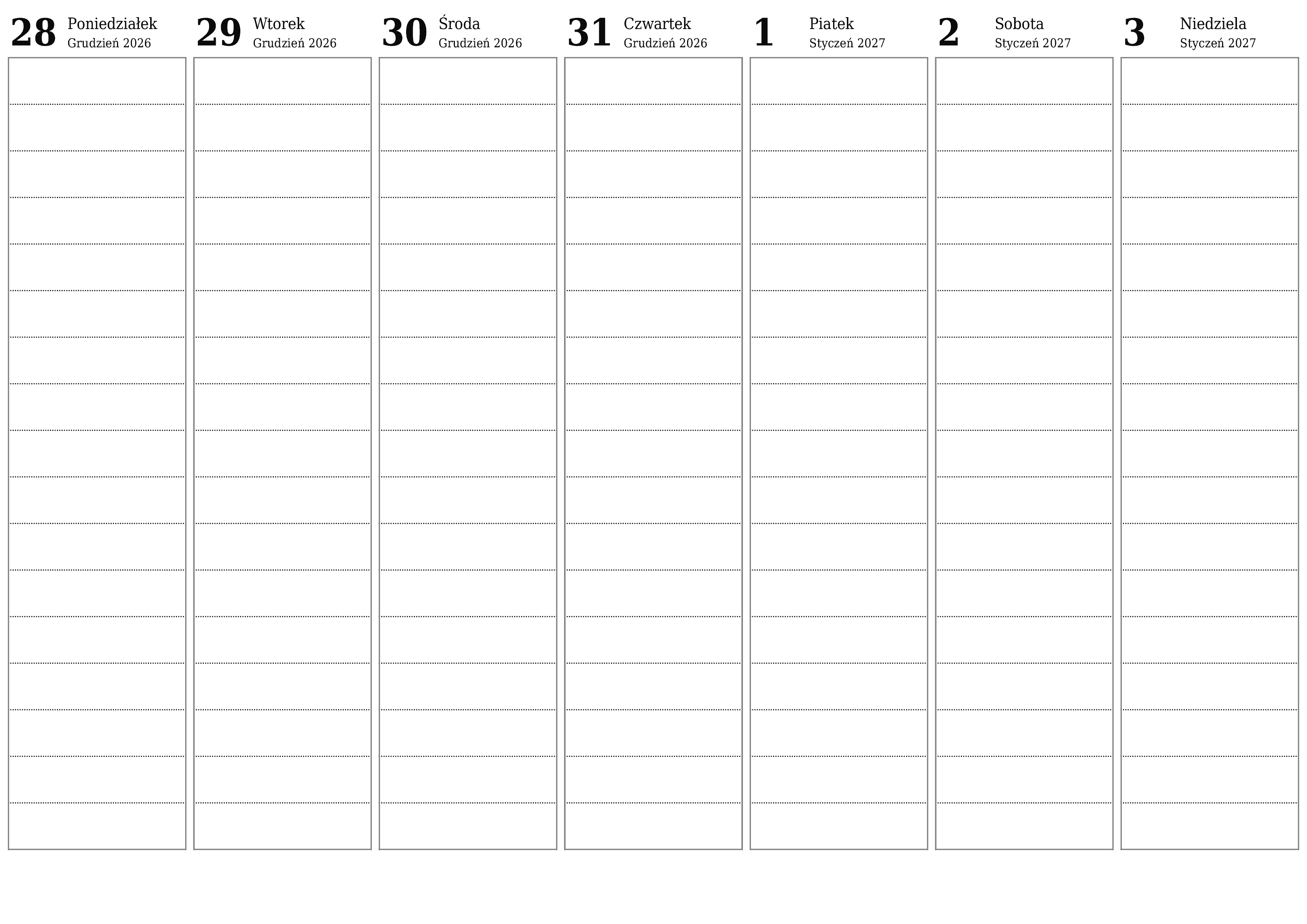  do druku ścienny szablon a darmowy poziomy Tygodniowy planista kalendarz Styczeń (Sty) 2027