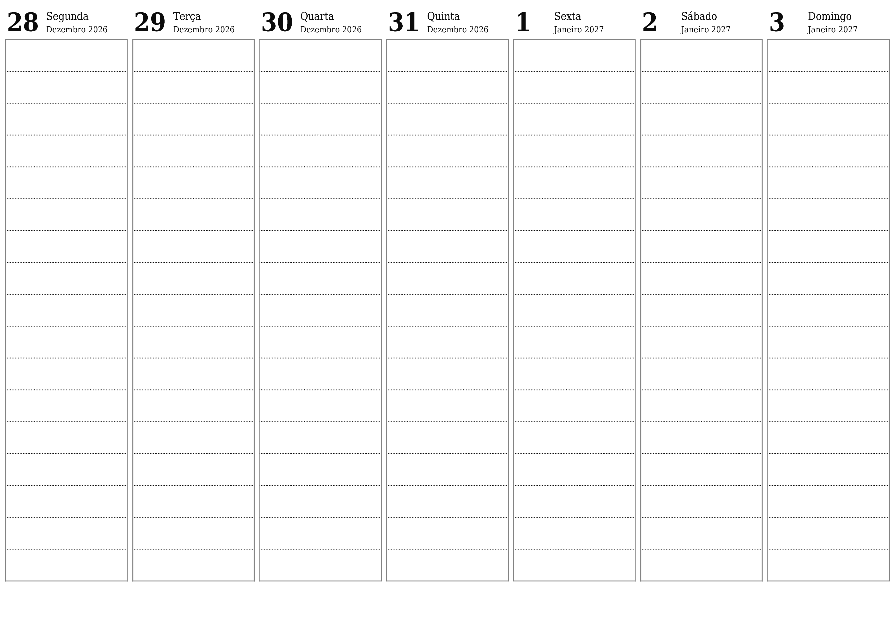 Esvazie o planejador semanal por semanas Janeiro 2027 com notas, salve e imprima em PDF PNG Portuguese