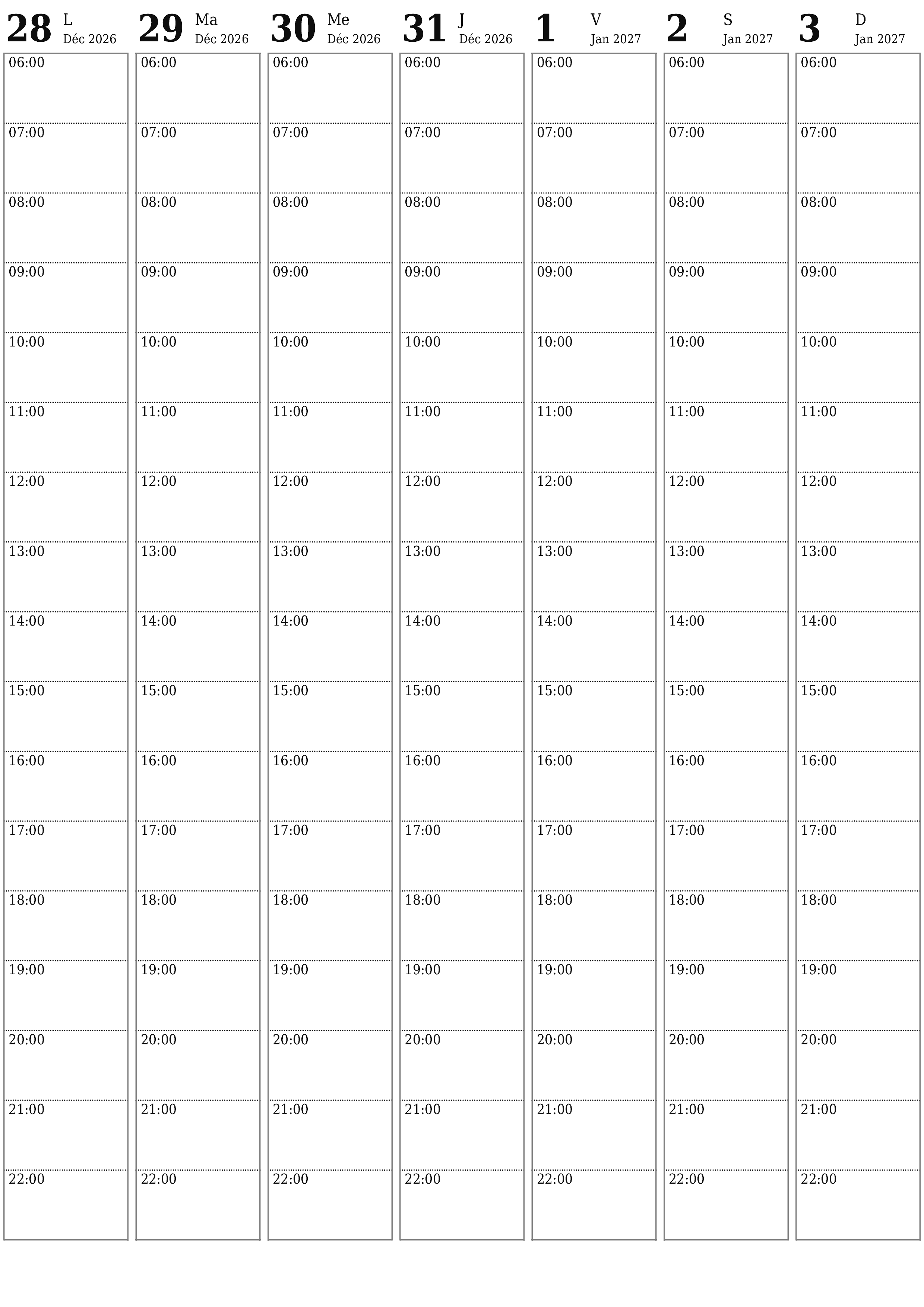 Agenda hebdomadaire vide pendant des semaines Janvier 2027 avec notes, enregistrez et imprimez au format PDF PNG French