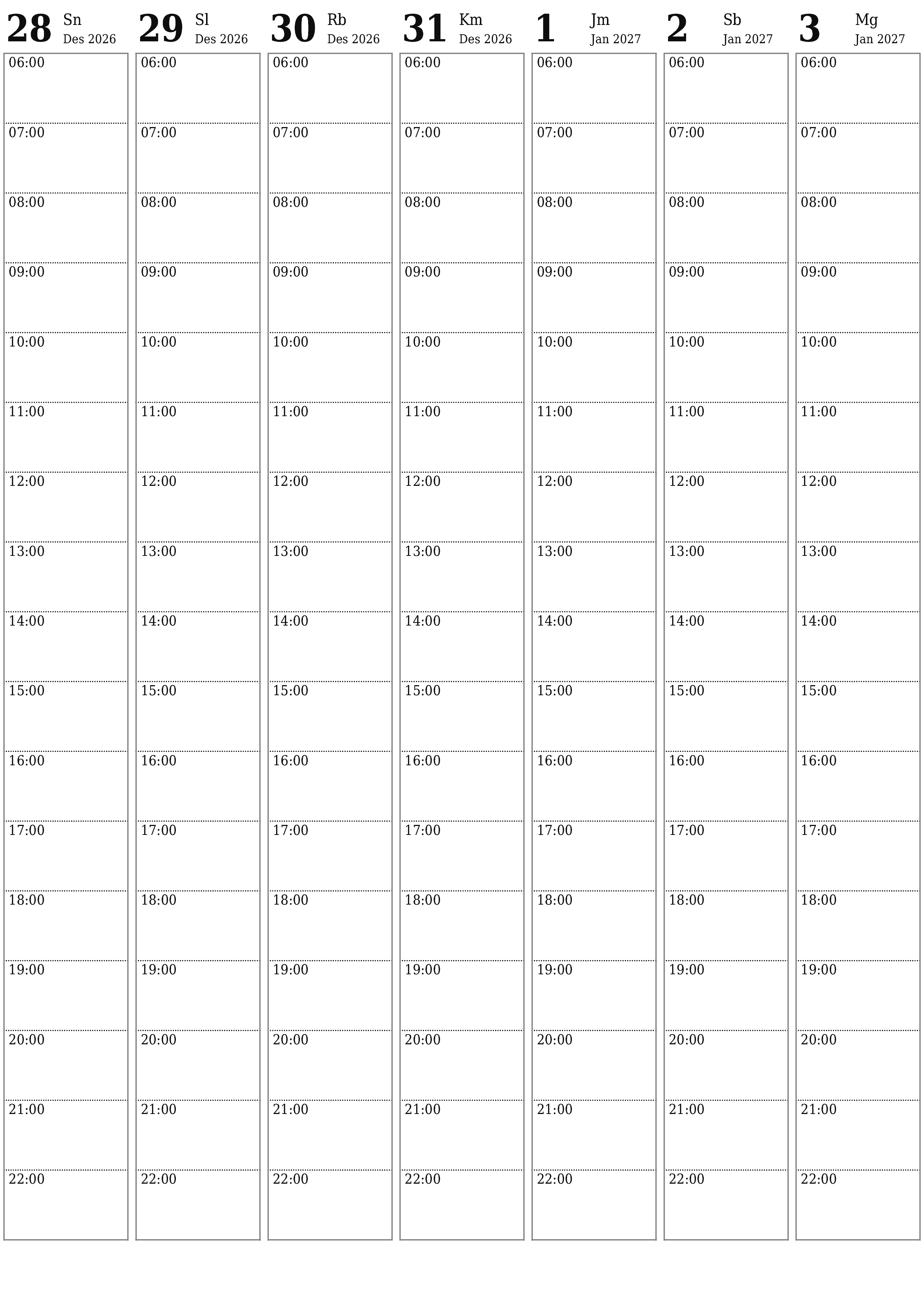  yang dapat dicetak dinding templat gratisvertikal Mingguan perencana kalender Januari (Jan) 2027