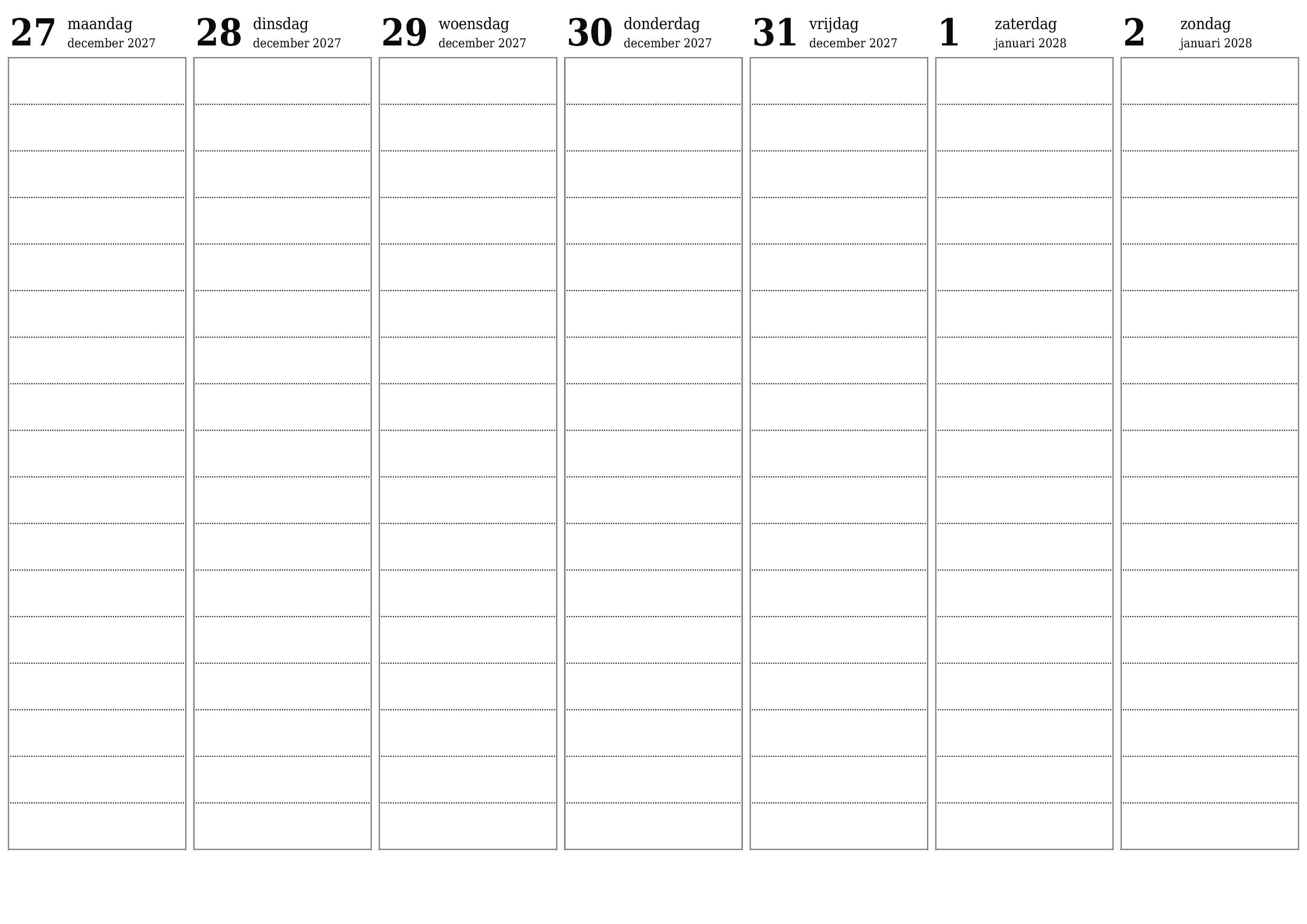 Lege weekplanner voor weken januari 2028 met notities, opslaan en afdrukken naar pdf PNG Dutch