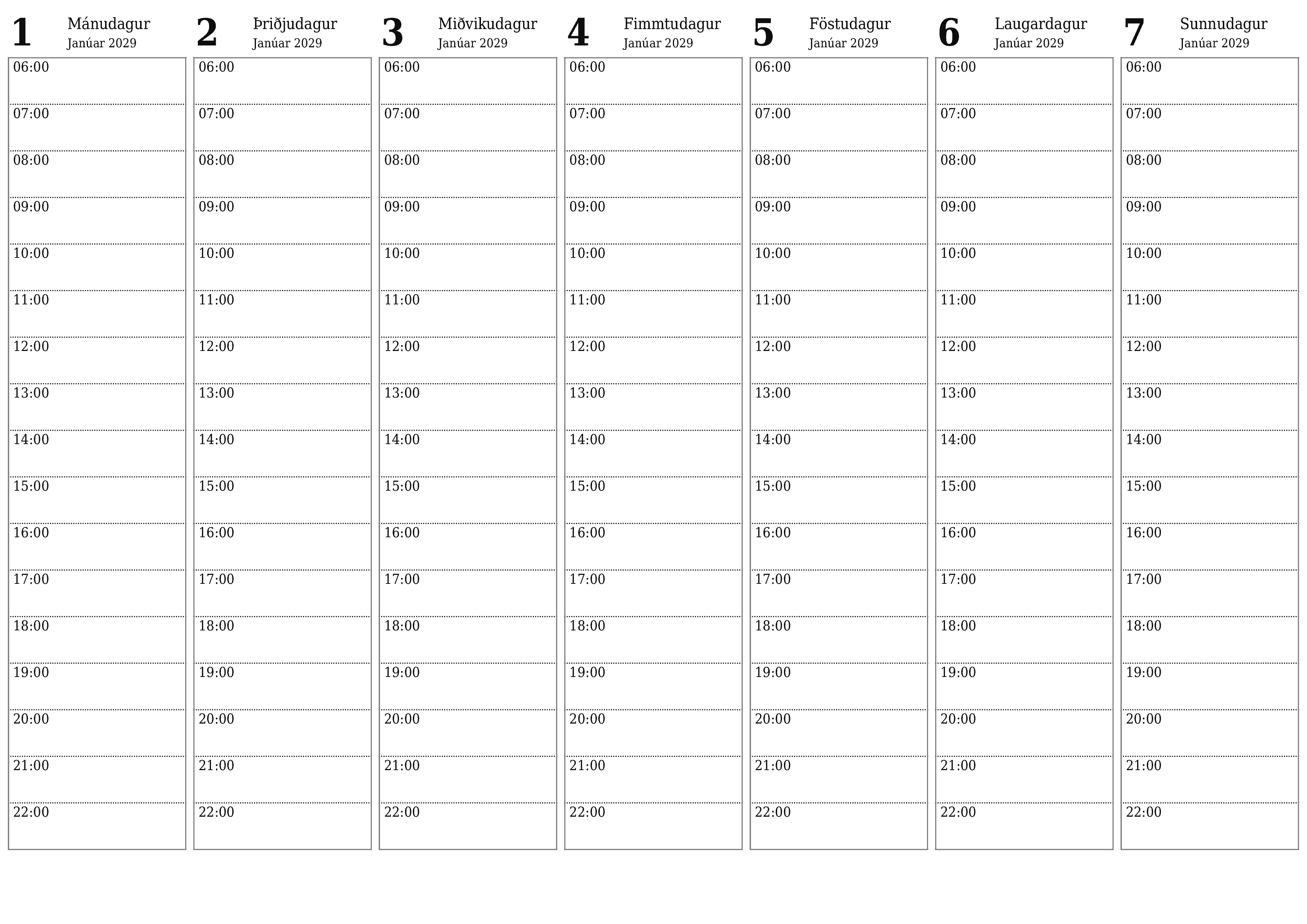 Tómur vikulegur skipuleggjandi vikum saman Janúar 2029 með athugasemdum, vistaðu og prentaðu á PDF PNG Icelandic