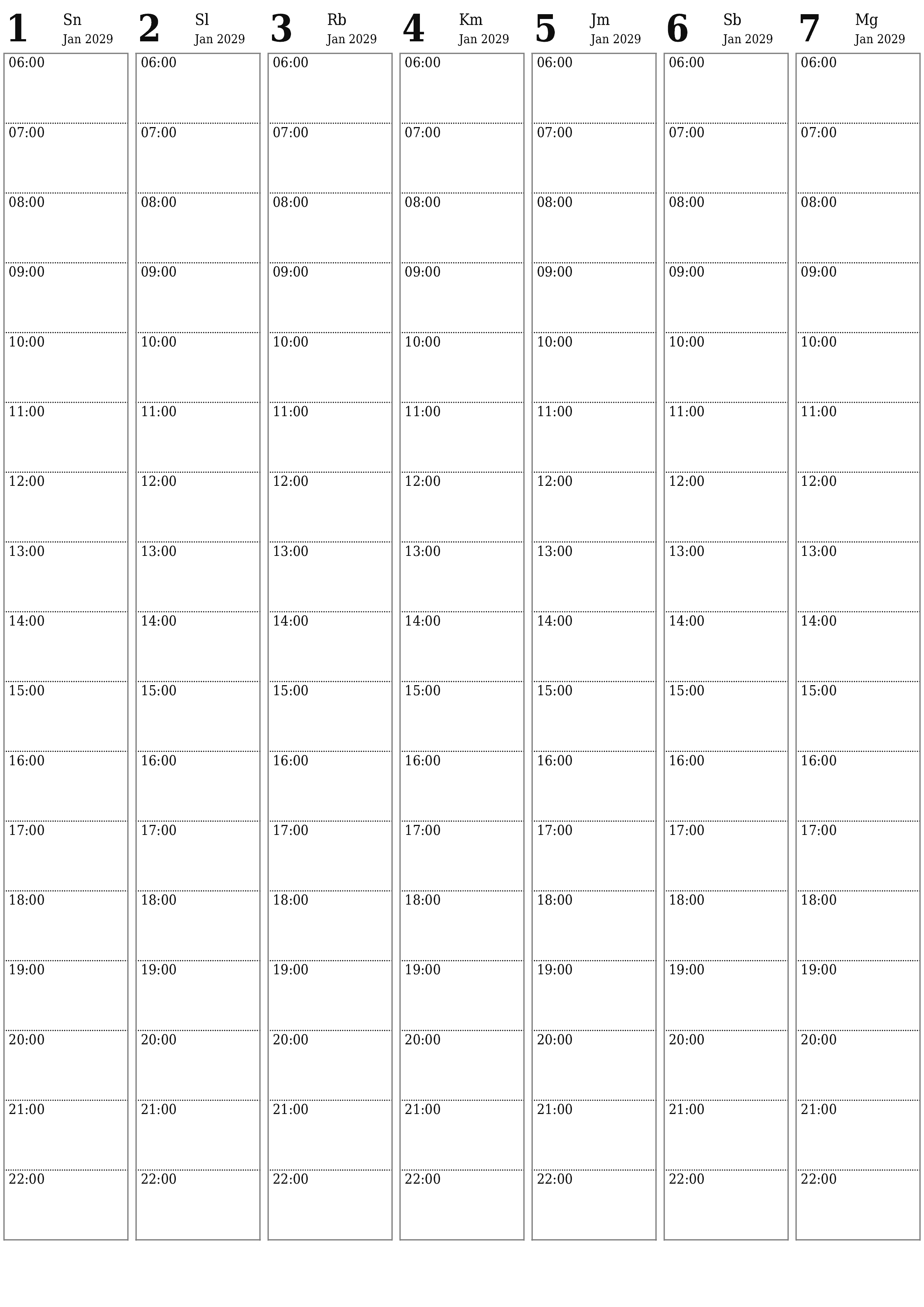 Kosongkan agenda mingguan untuk minggu Januari 2029 dengan catatan, simpan dan cetak ke PDF PNG Indonesian