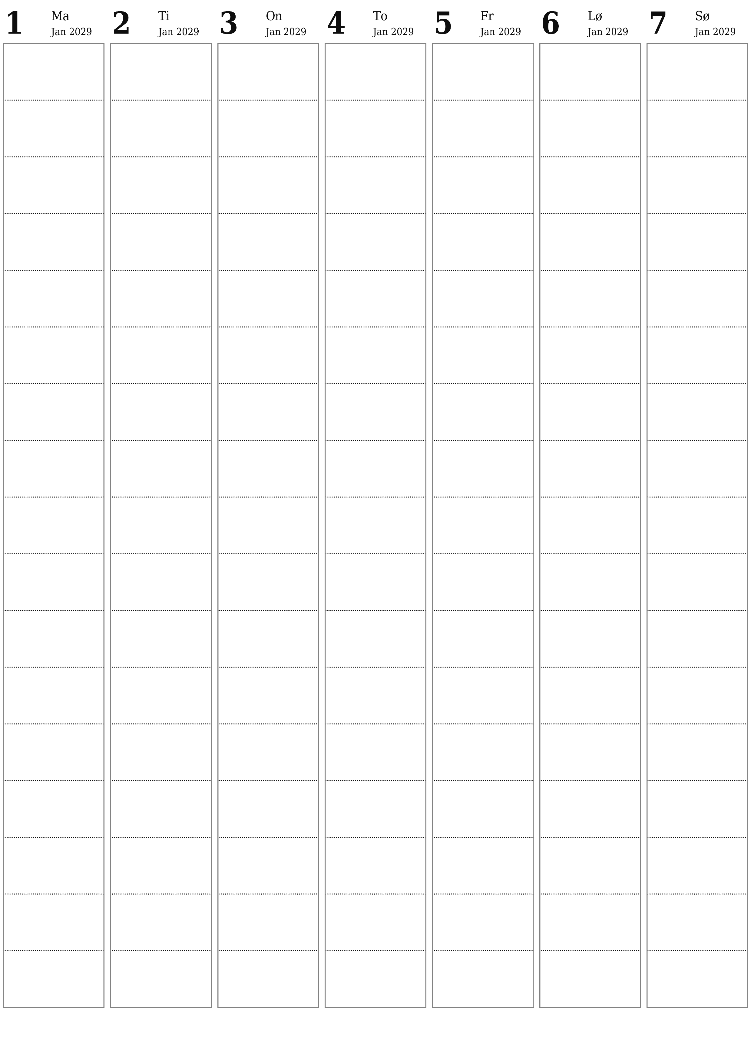 Tom ugentlig planlægger i uger Januar 2029 med noter, gem og udskriv til PDF PNG Danish