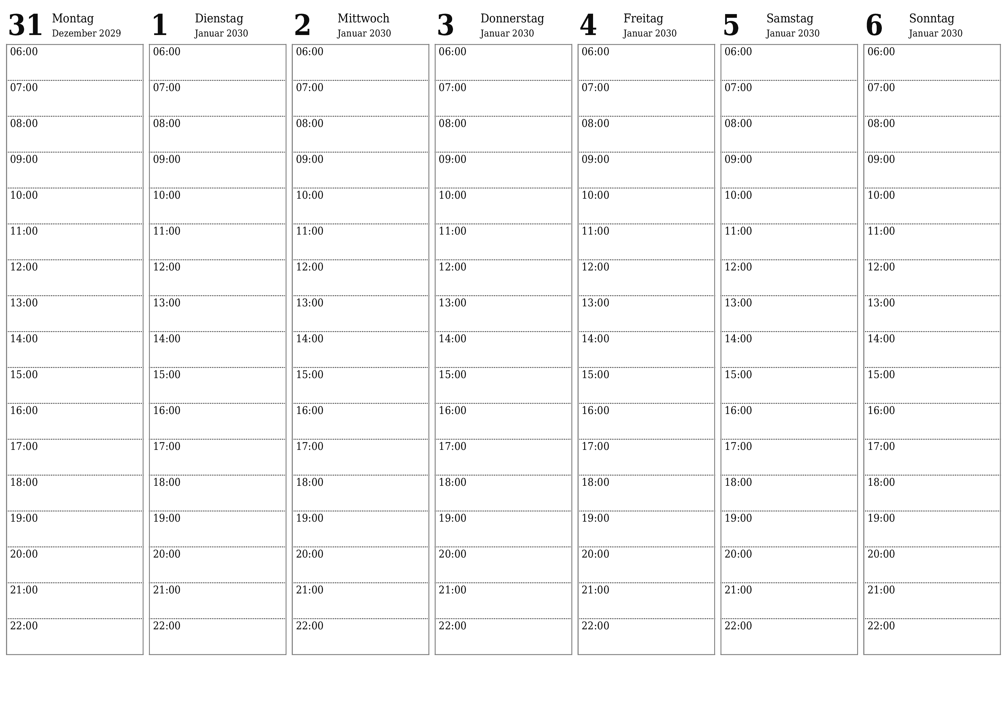 Wochenplaner für Wochen Januar 2030 mit Notizen leeren, speichern und als PDF drucken PNG German