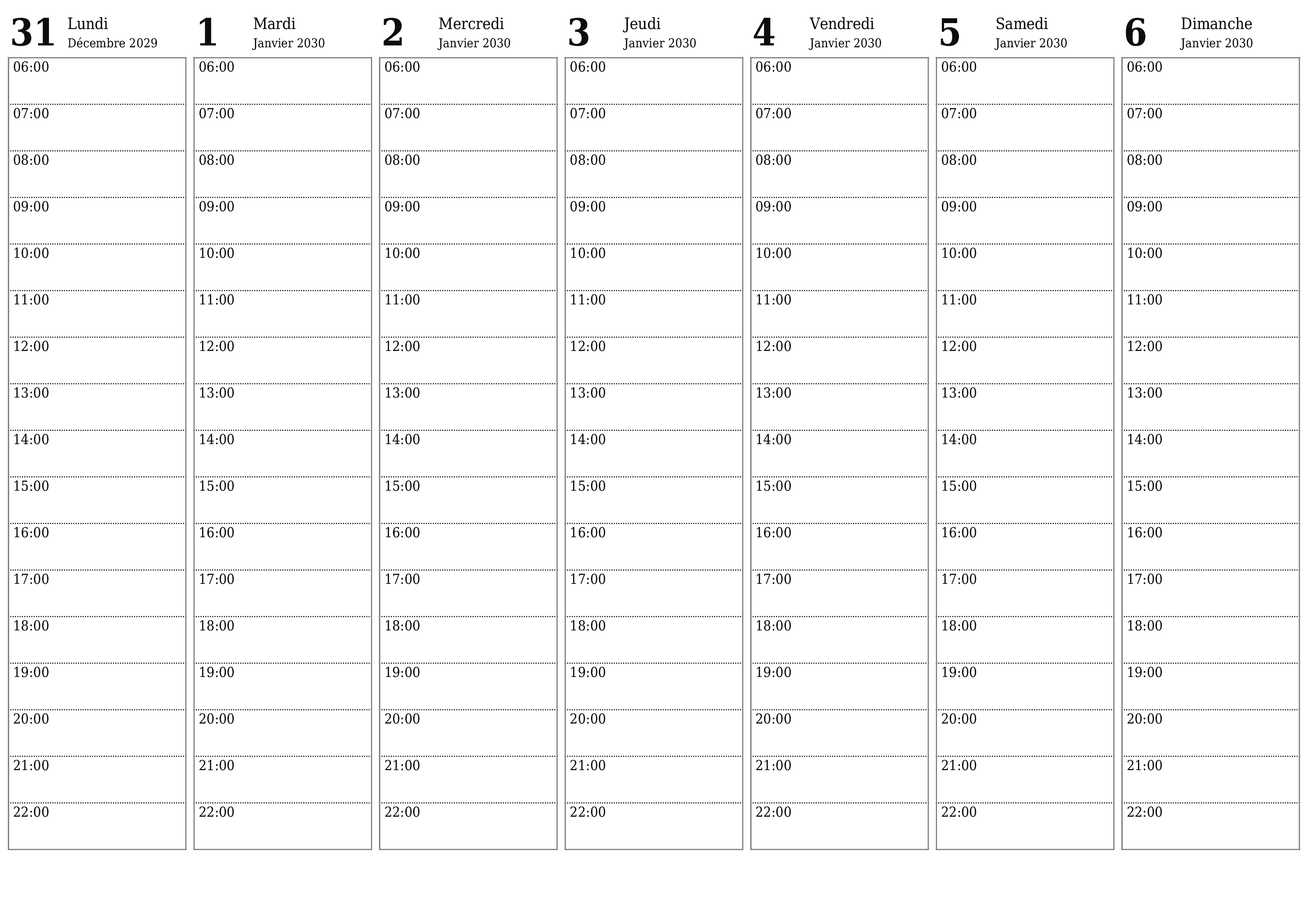 Agenda hebdomadaire vide pendant des semaines Janvier 2030 avec notes, enregistrez et imprimez au format PDF PNG French