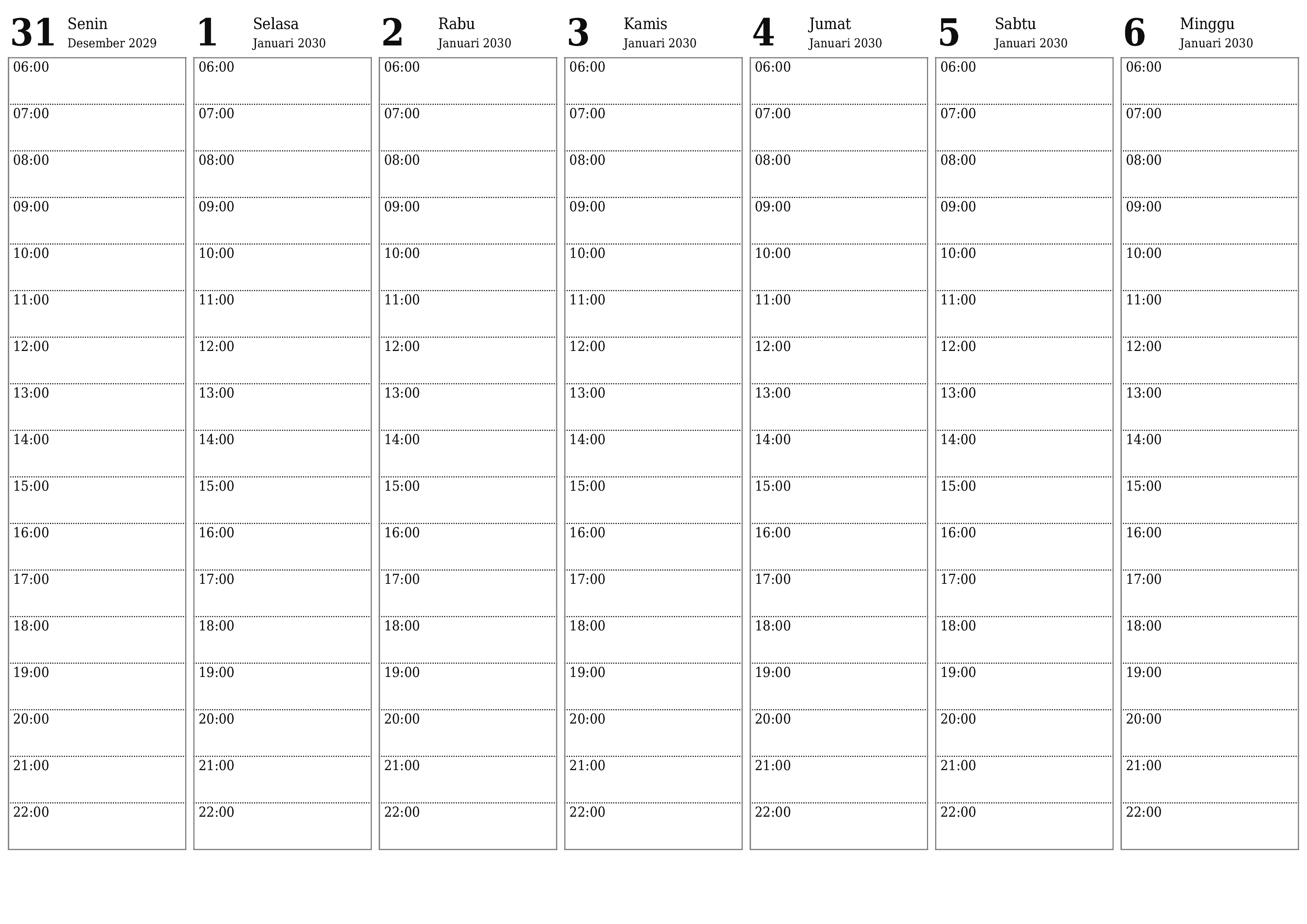 Kosongkan agenda mingguan untuk minggu Januari 2030 dengan catatan, simpan dan cetak ke PDF PNG Indonesian