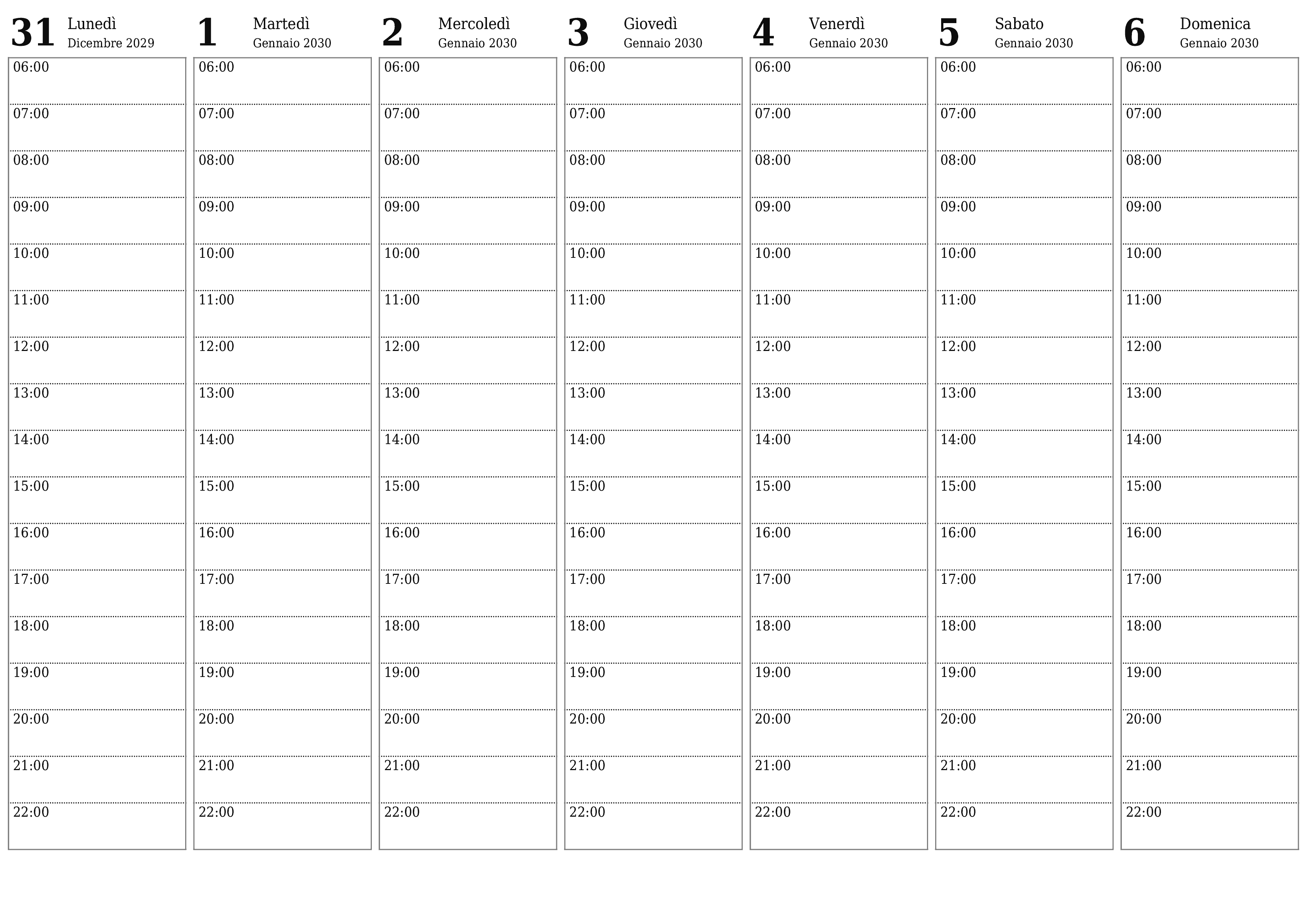 Agenda settimanale vuota per settimane Gennaio 2030 con note, salva e stampa in PDF PNG Italian