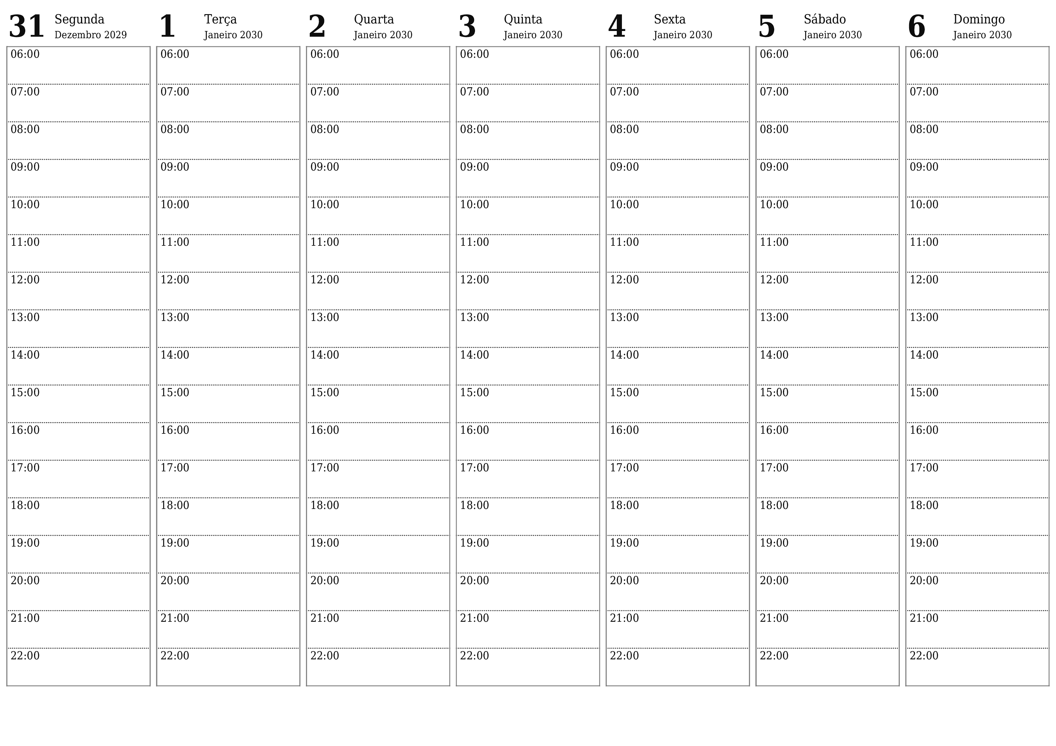 Esvazie o planejador semanal por semanas Janeiro 2030 com notas, salve e imprima em PDF PNG Portuguese