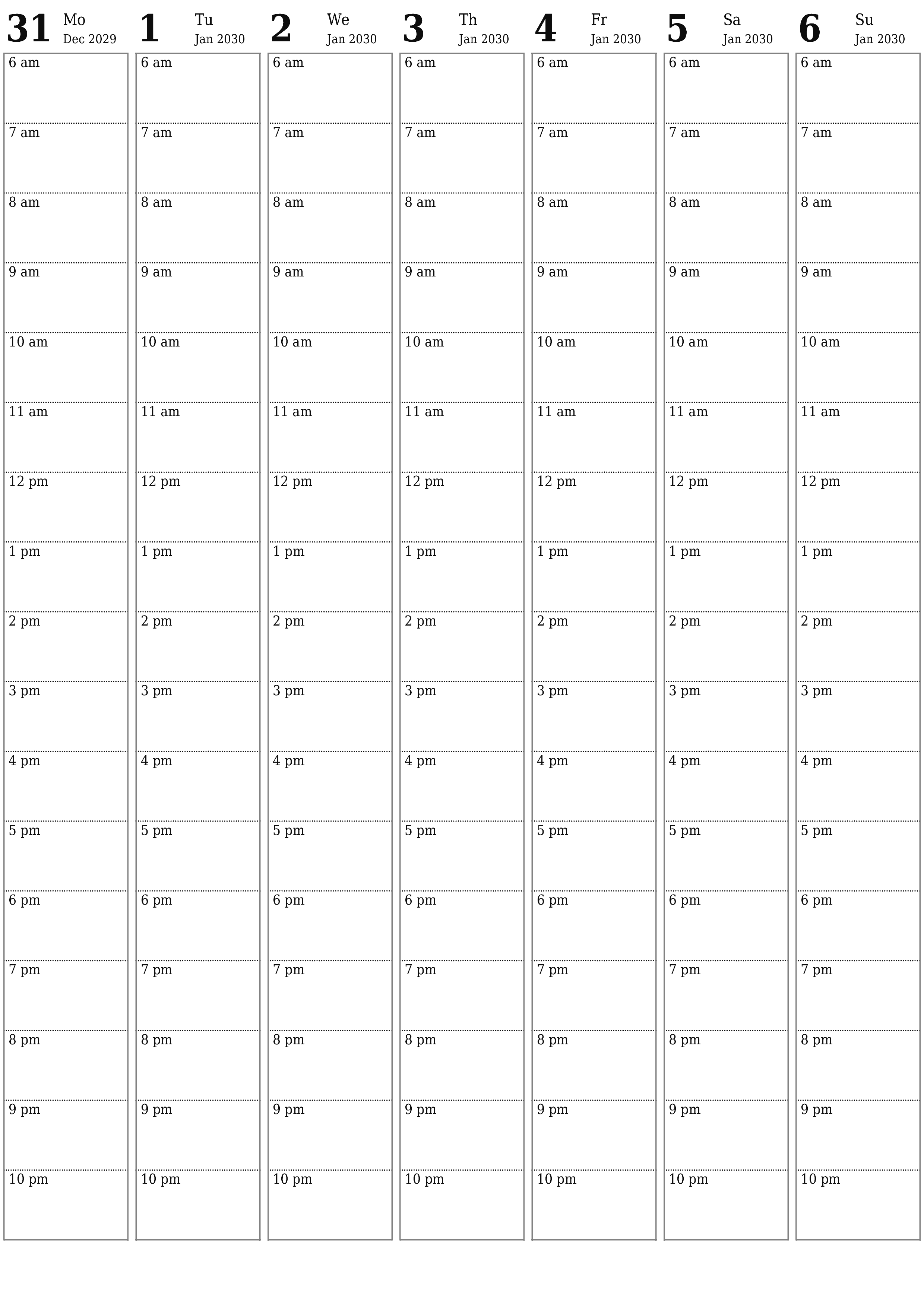 printable wall template free vertical Weekly planner calendar January (Jan) 2030