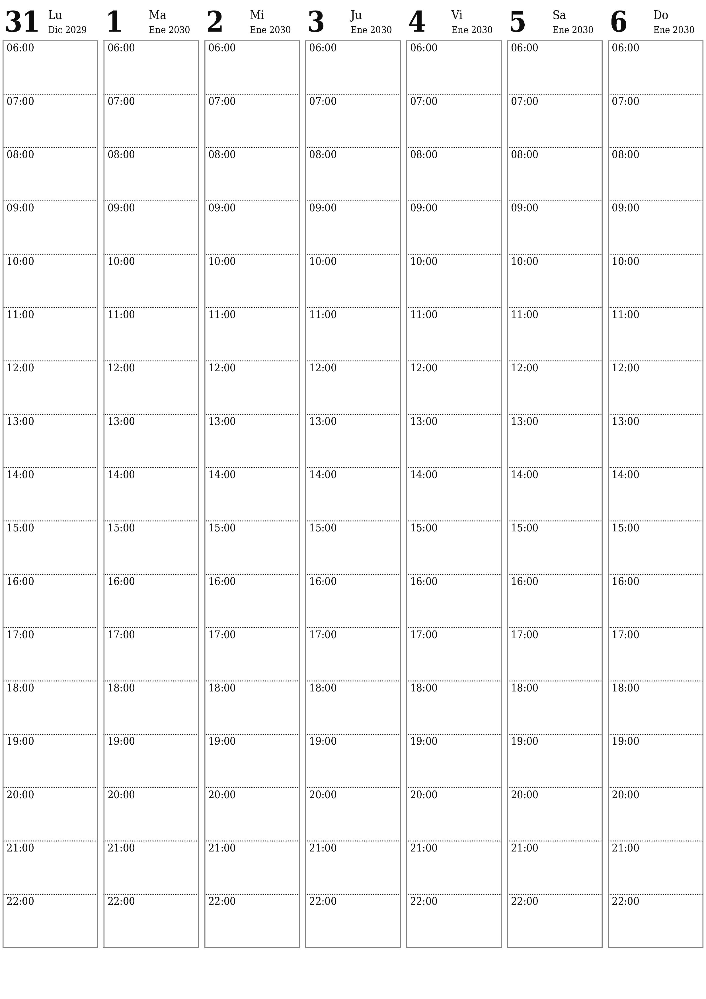  imprimible de pared plantilla de gratisvertical Semanal planificador calendario Enero (Ene) 2030