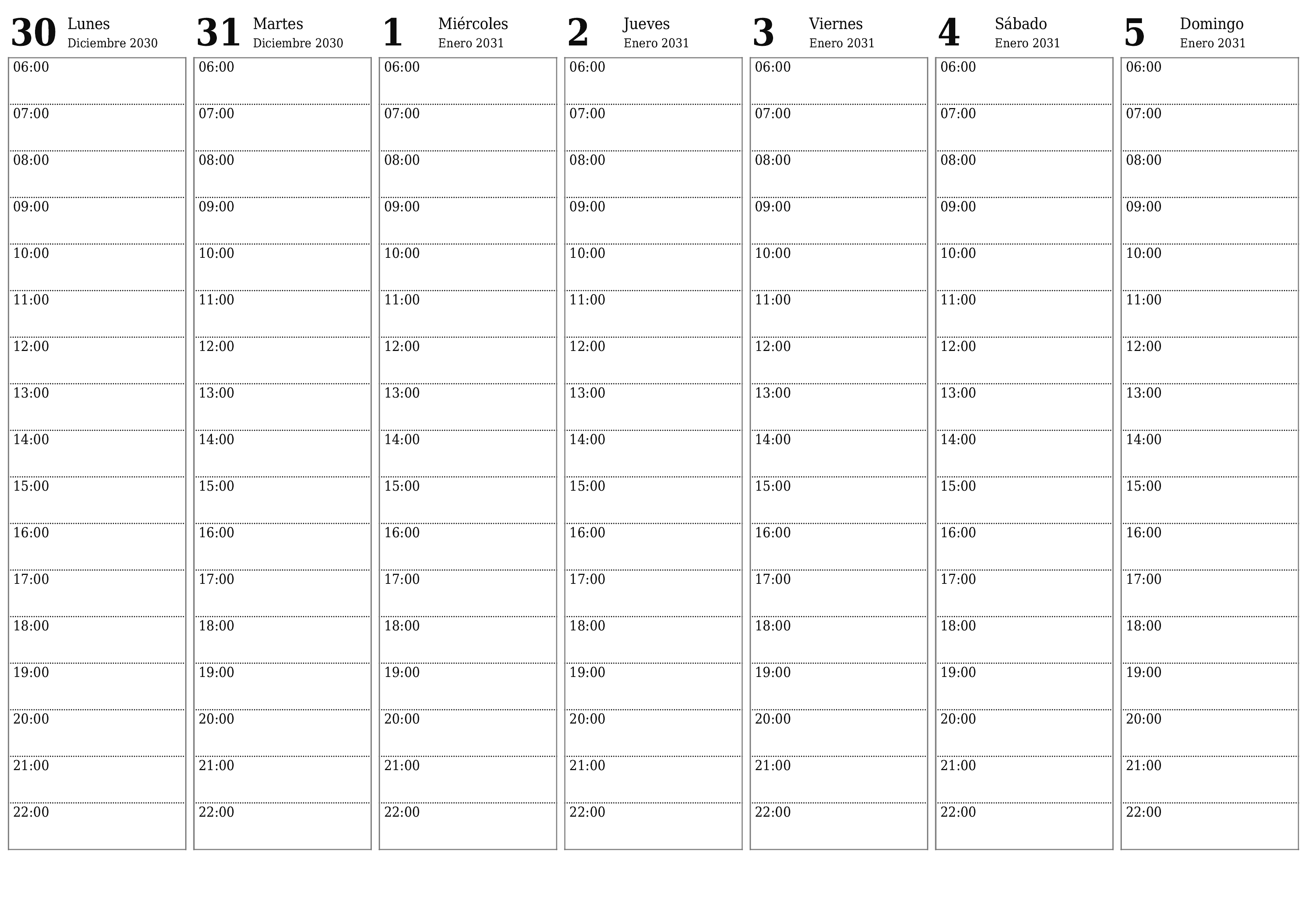  imprimible de pared plantilla de gratishorizontal Semanal planificador calendario Enero (Ene) 2031