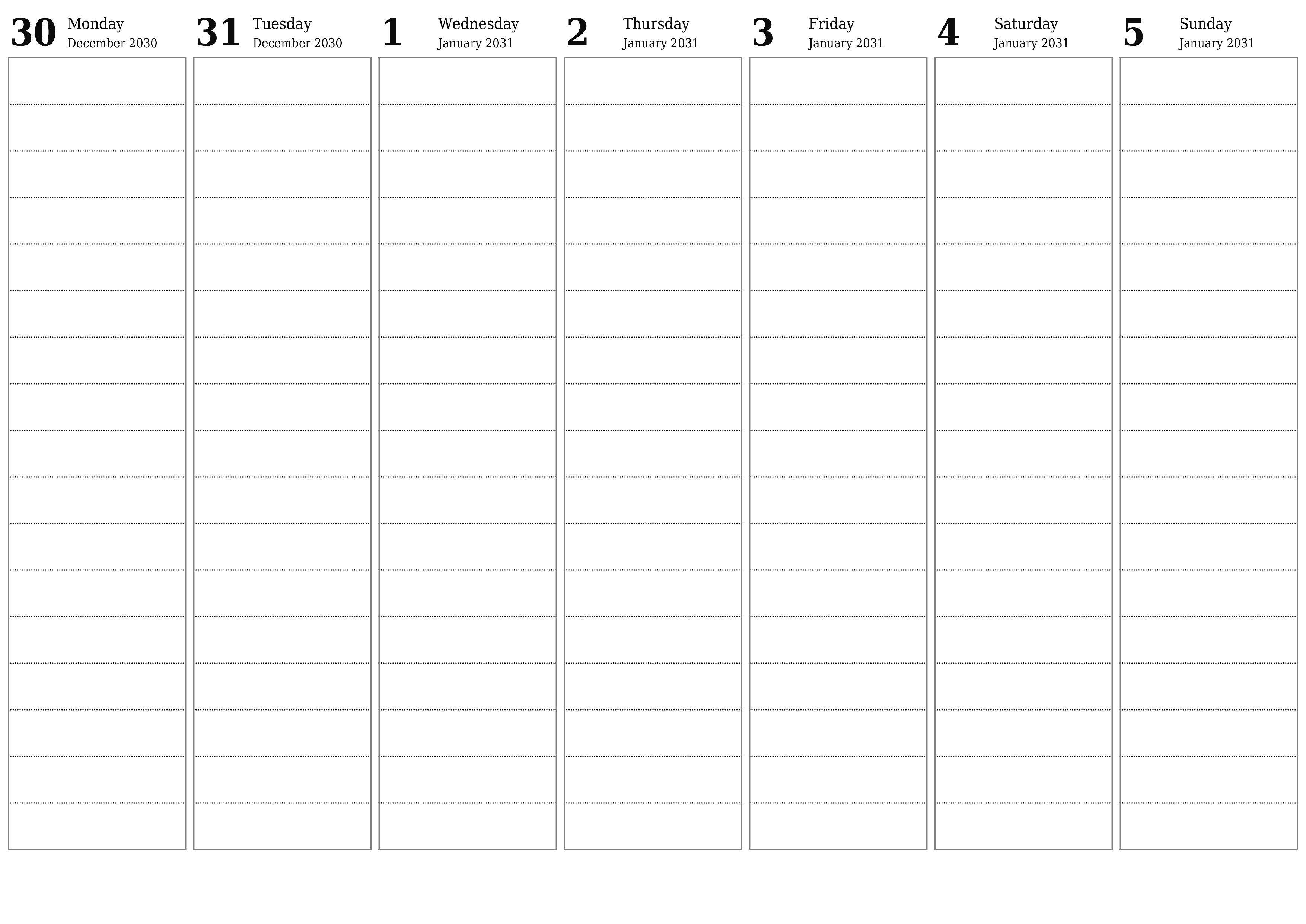 printable wall template free horizontal Weekly planner calendar January (Jan) 2031