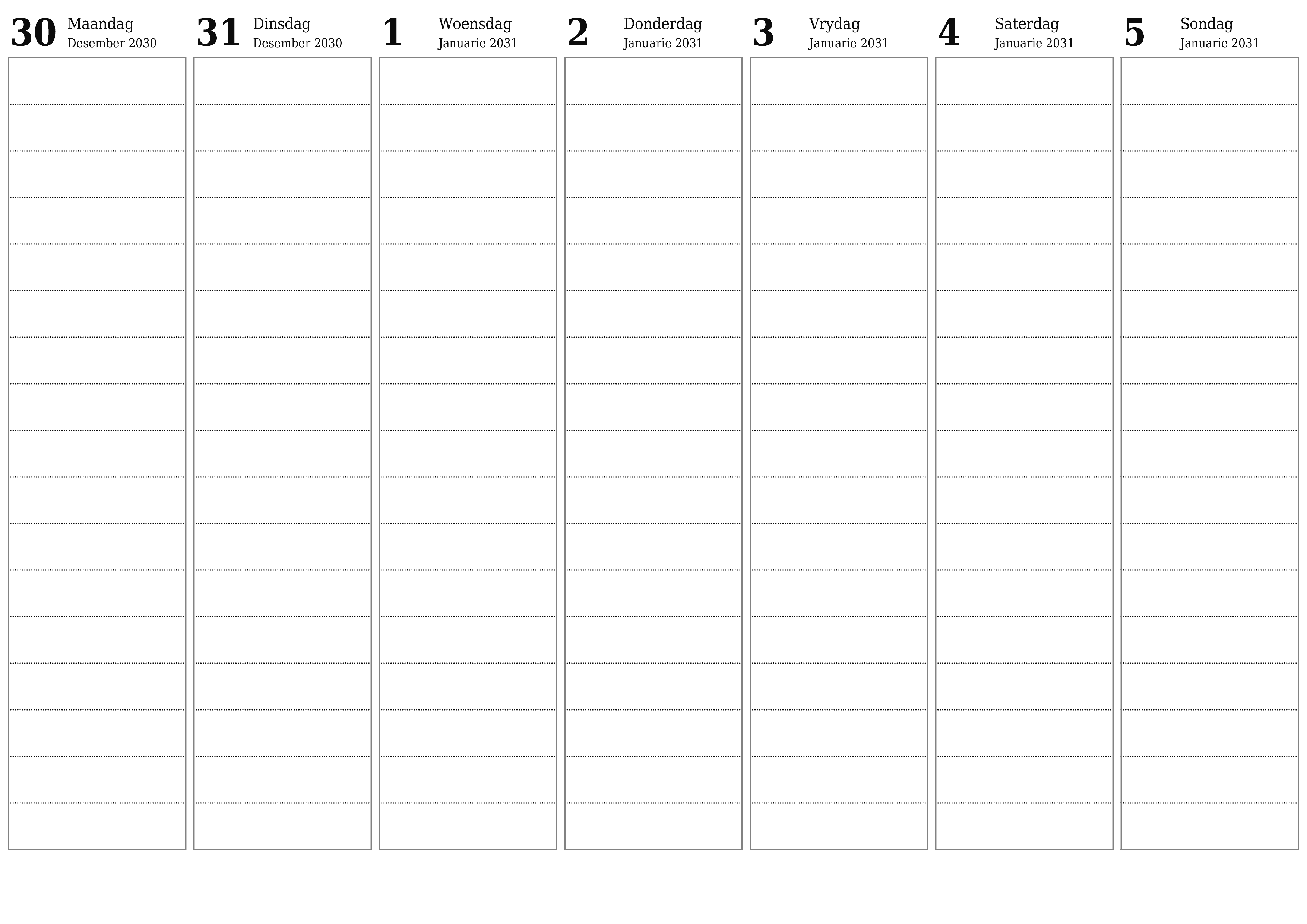 Leë weeklikse drukbare kalender en beplanner vir week Januarie 2031 met notas, stoor en druk na PDF PNG Afrikaans