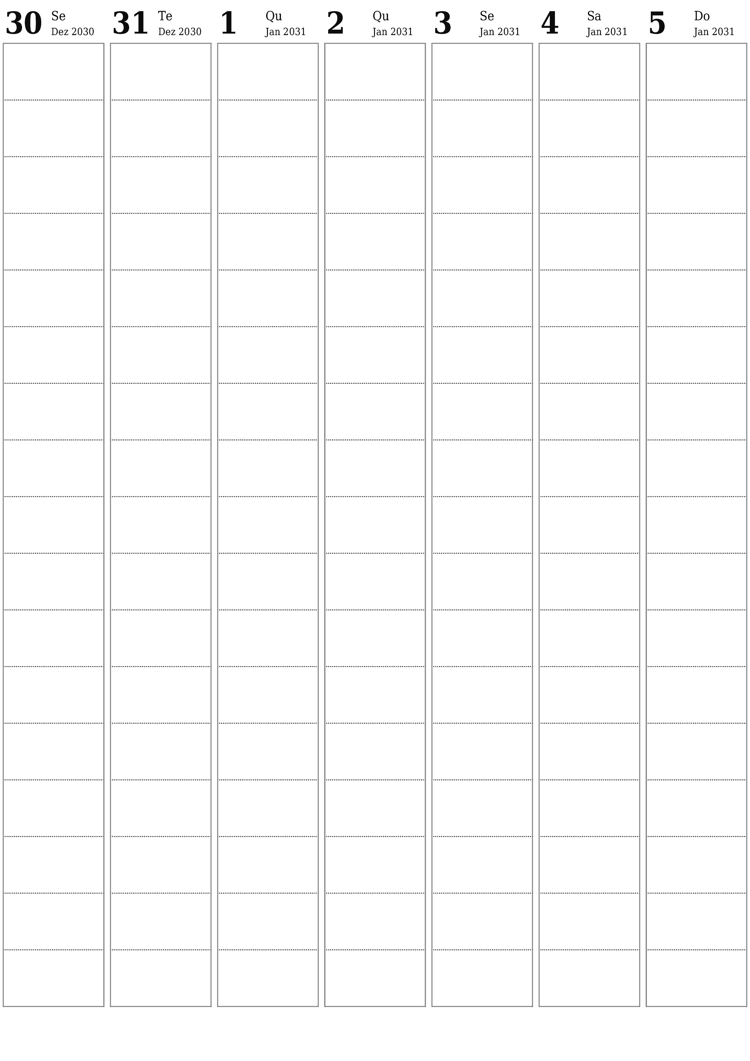  para impressão de parede modelo de grátisvertical Semanal planejador calendário Janeiro (Jan) 2031