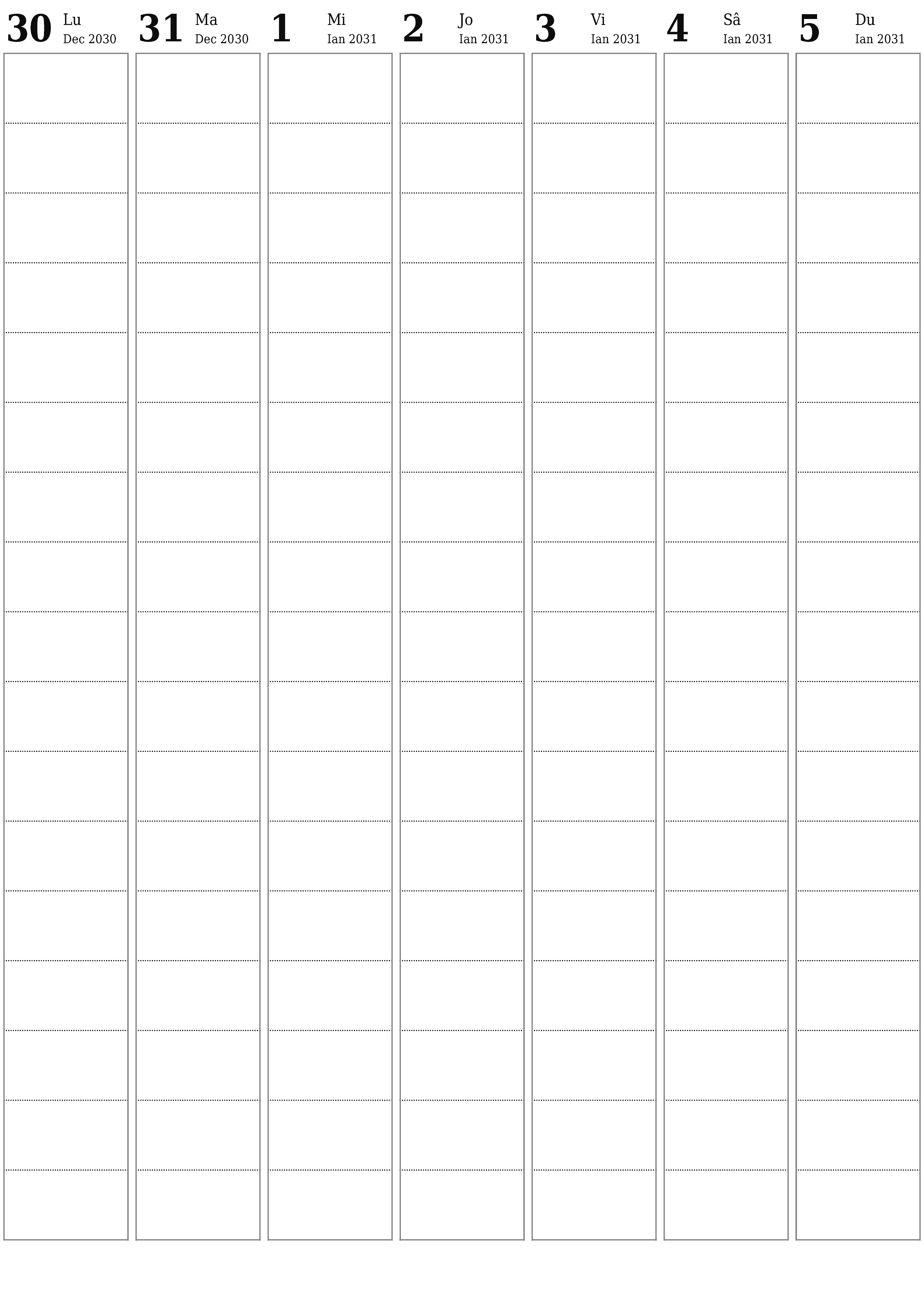  imprimabil de perete șablon de gratuitvertical Săptămânal planificator calendar Ianuarie (Ian) 2031