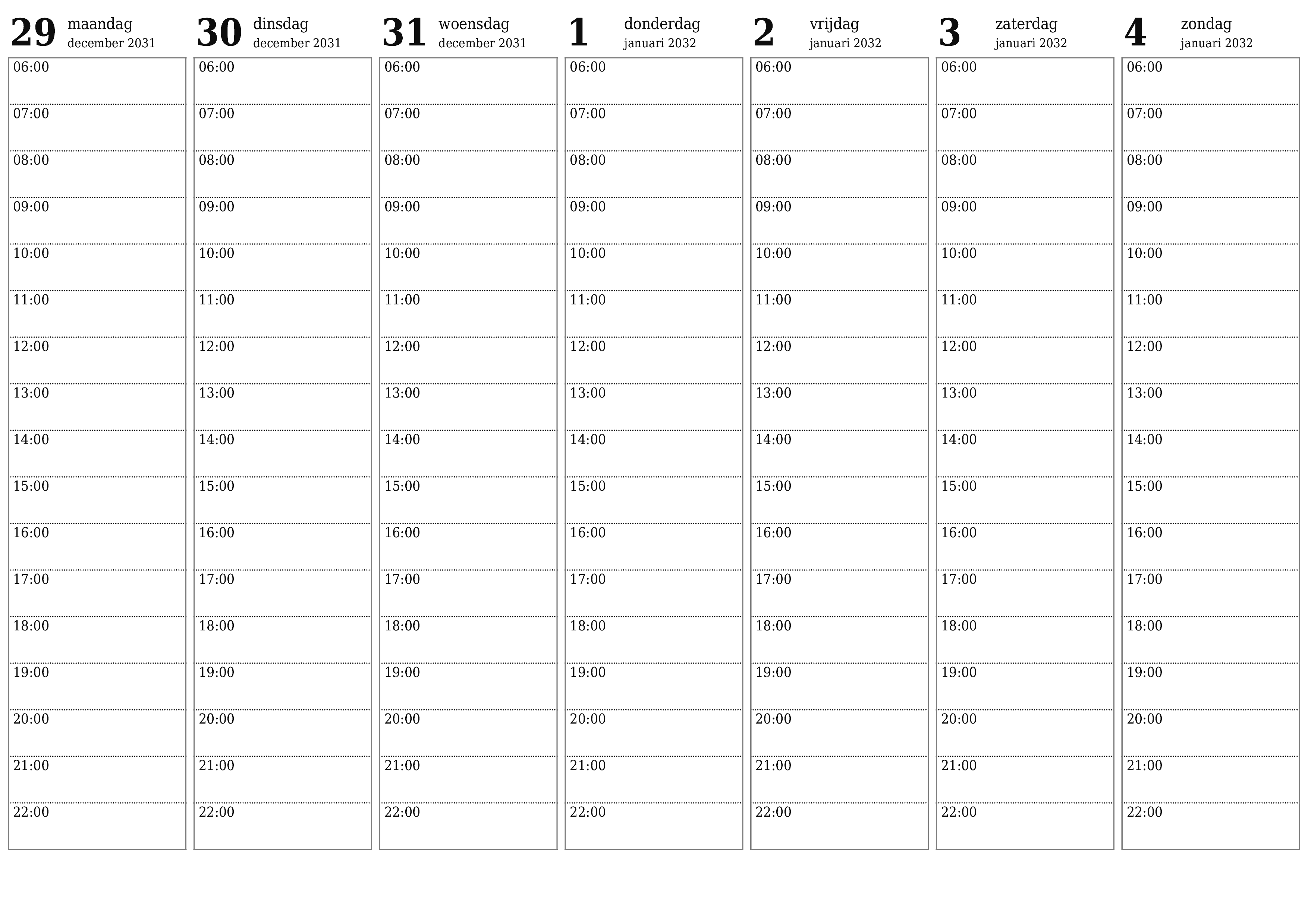 Lege weekplanner voor weken januari 2032 met notities, opslaan en afdrukken naar pdf PNG Dutch