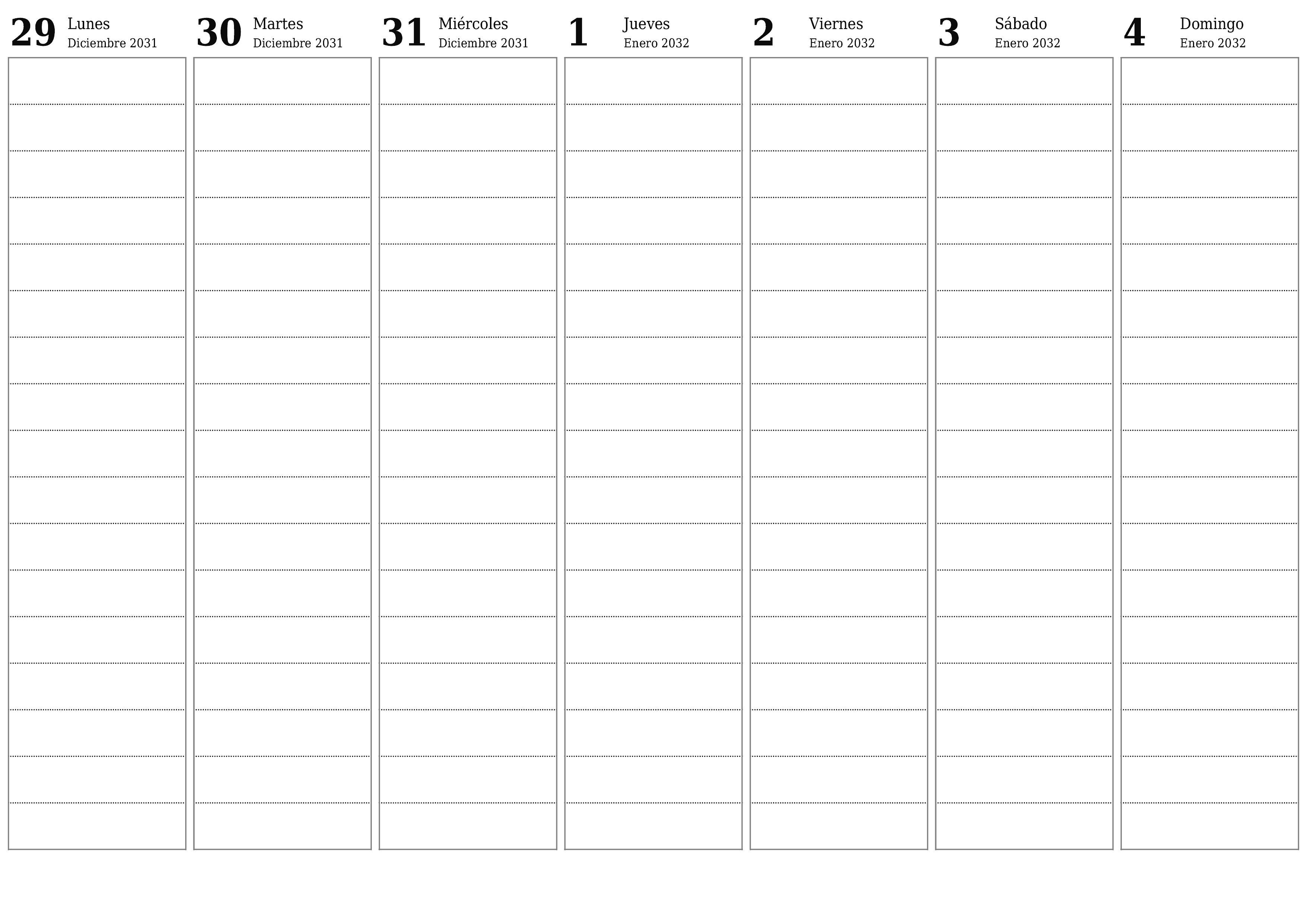  imprimible de pared plantilla de gratishorizontal Semanal planificador calendario Enero (Ene) 2032