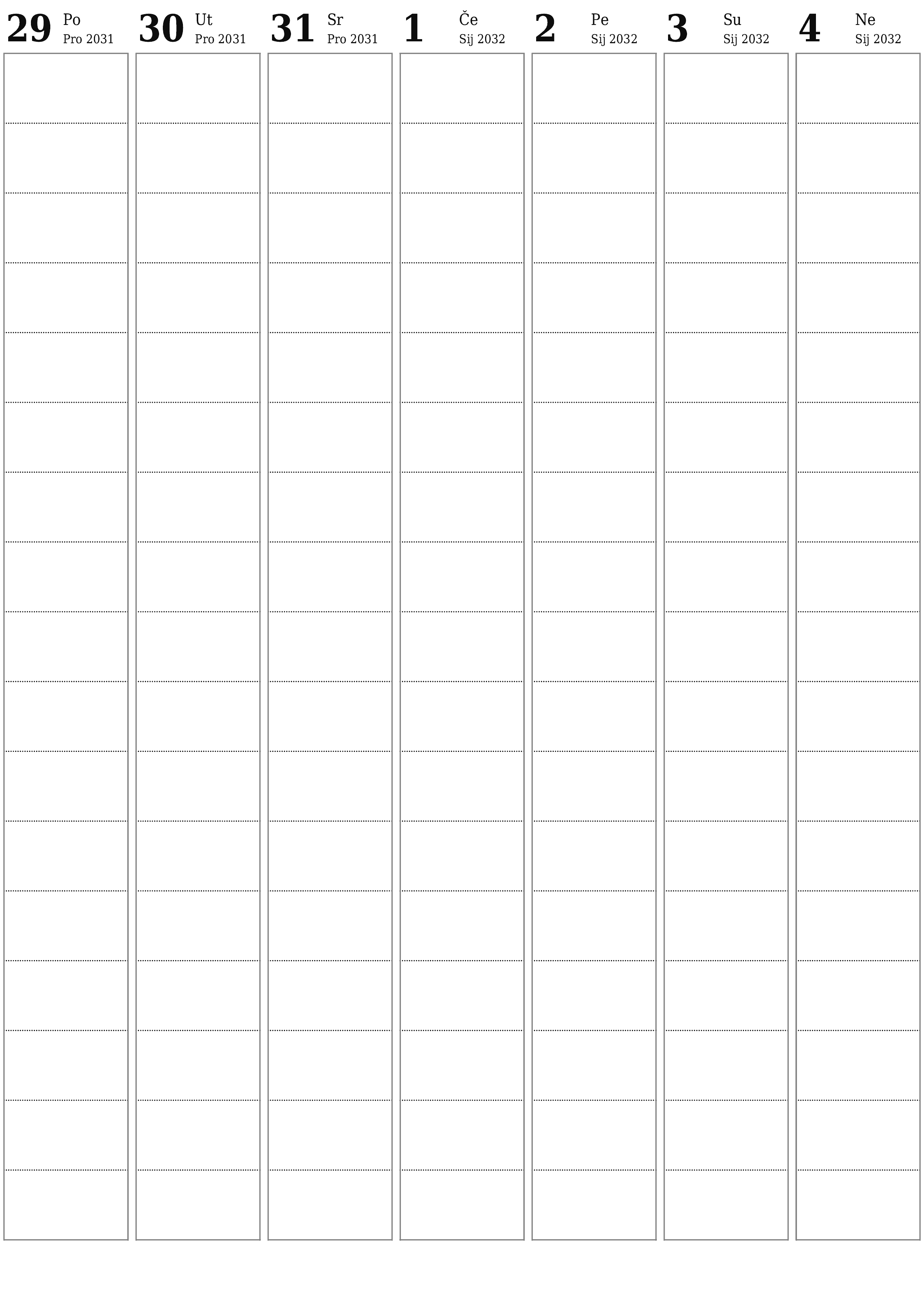  za ispis zidni predložak a besplatni okomito Tjedni planer kalendar Siječanj (Sij) 2032