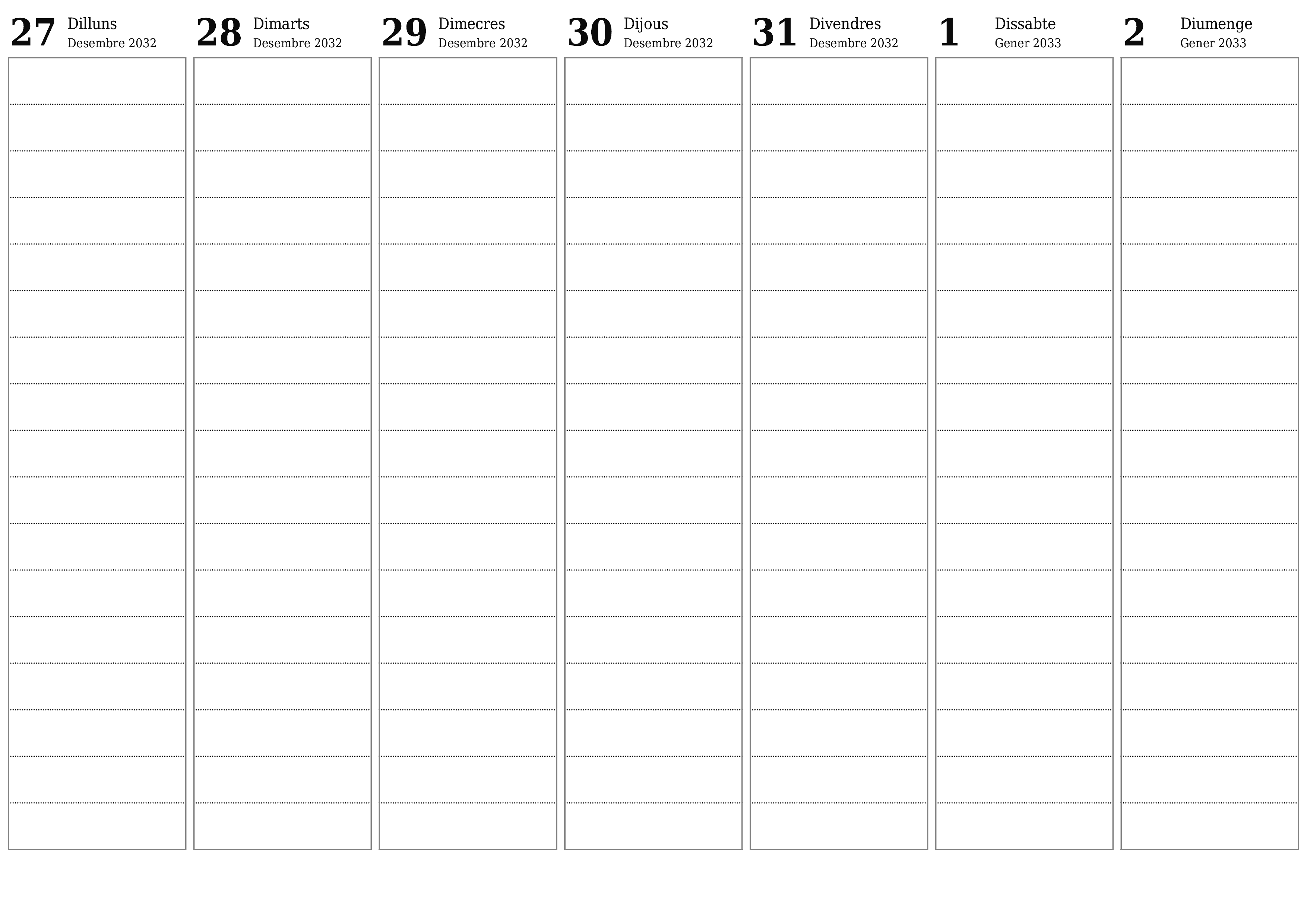 Planificador setmanal buit durant setmanes Gener 2033 amb notes, deseu-lo i imprimiu-lo en format PDF PNG Catalan