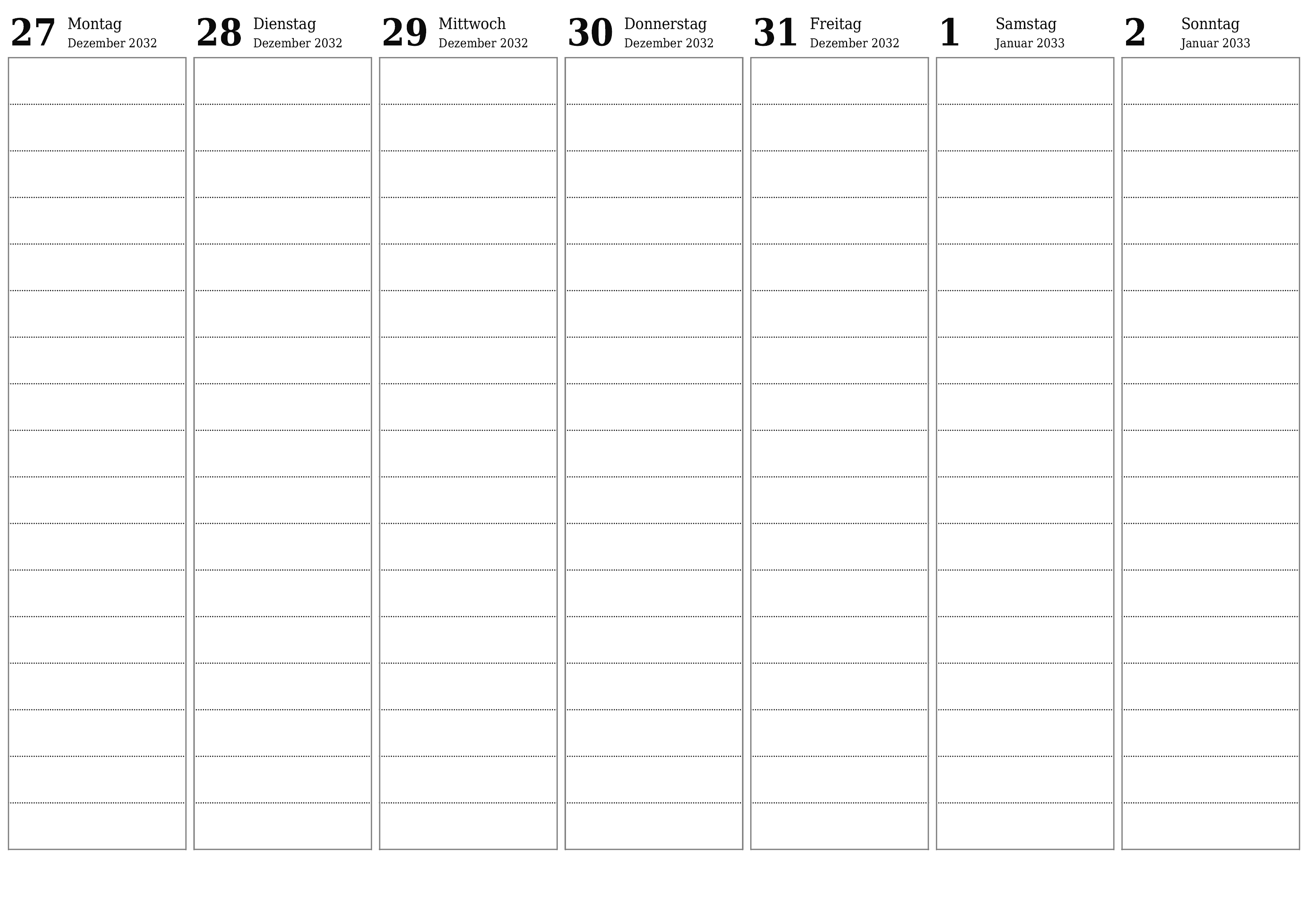 Wochenplaner für Wochen Januar 2033 mit Notizen leeren, speichern und als PDF drucken PNG German