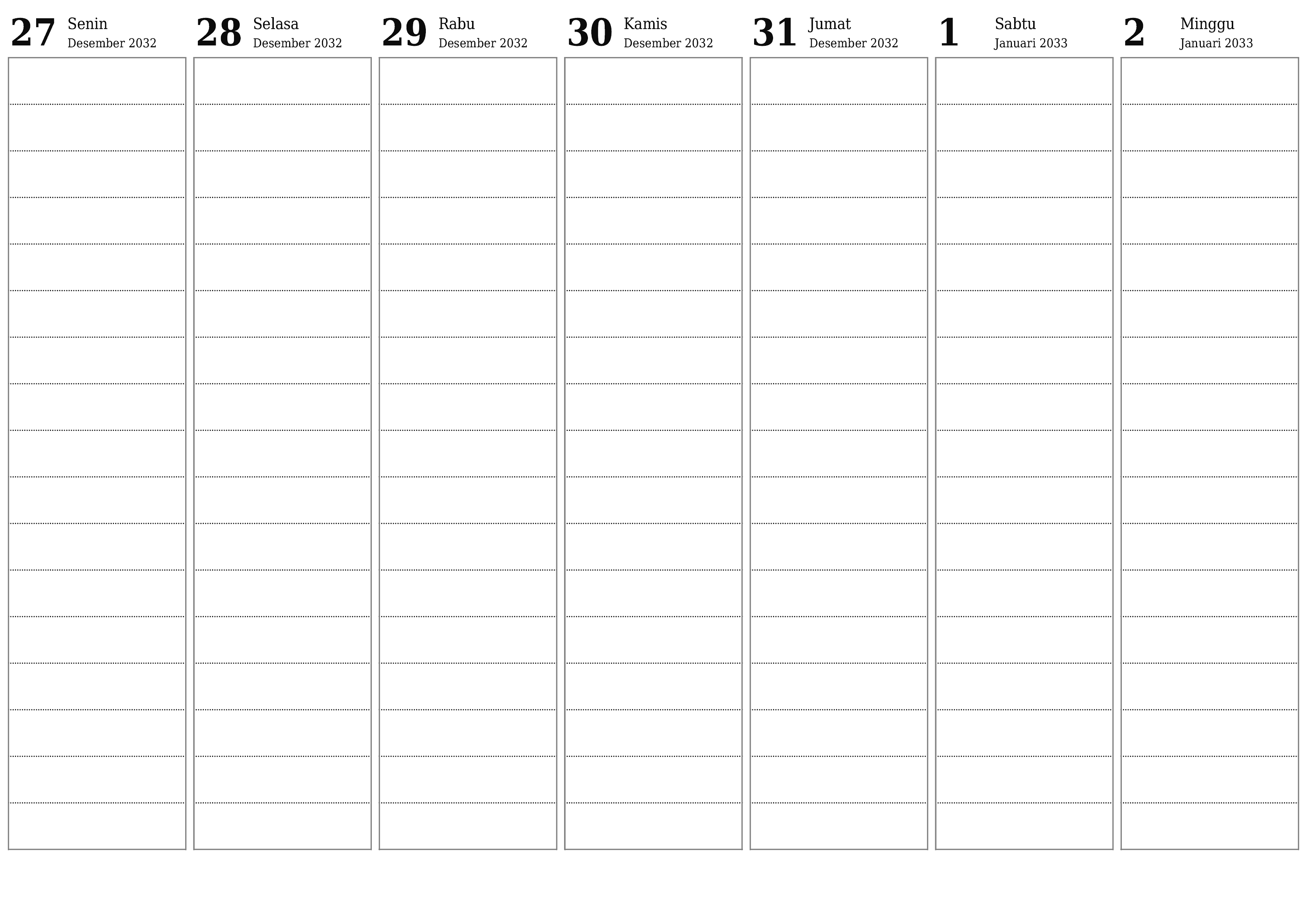 Kosongkan agenda mingguan untuk minggu Januari 2033 dengan catatan, simpan dan cetak ke PDF PNG Indonesian
