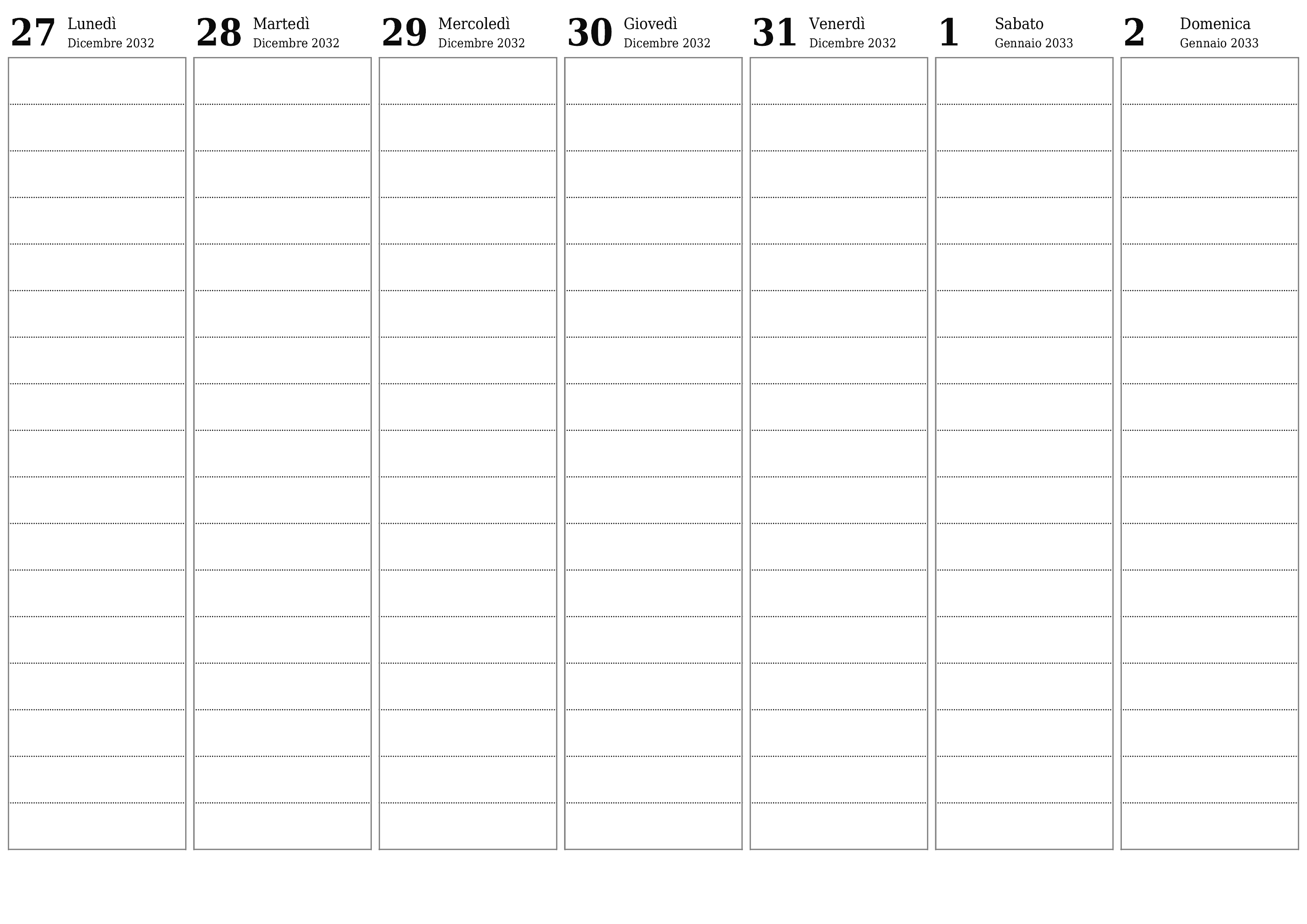 Agenda settimanale vuota per settimane Gennaio 2033 con note, salva e stampa in PDF PNG Italian
