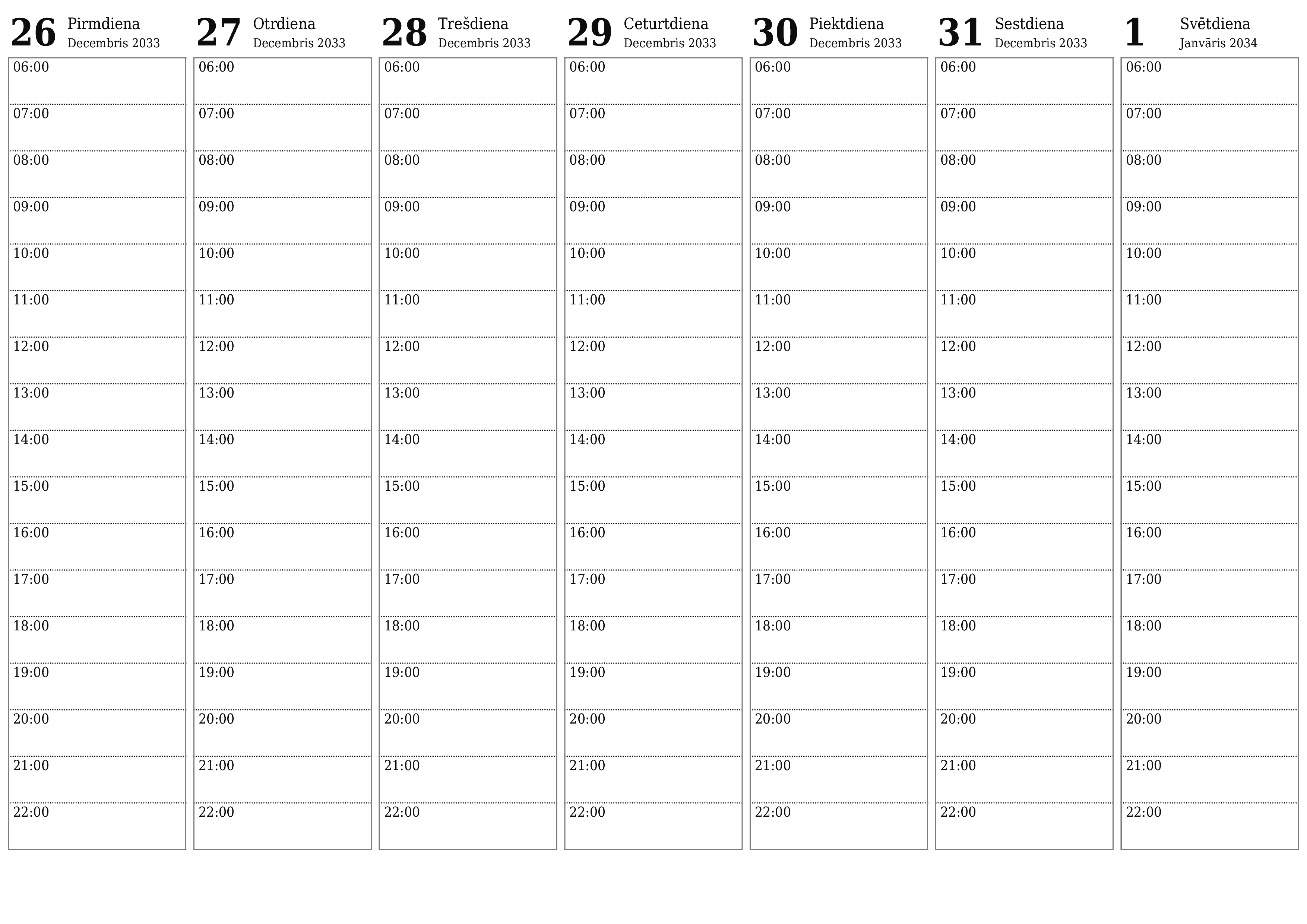 Iztukšojiet nedēļas plānotāju nedēļām Janvāris 2034 ar piezīmēm, saglabājiet un izdrukājiet PDF formātā PNG Latvian