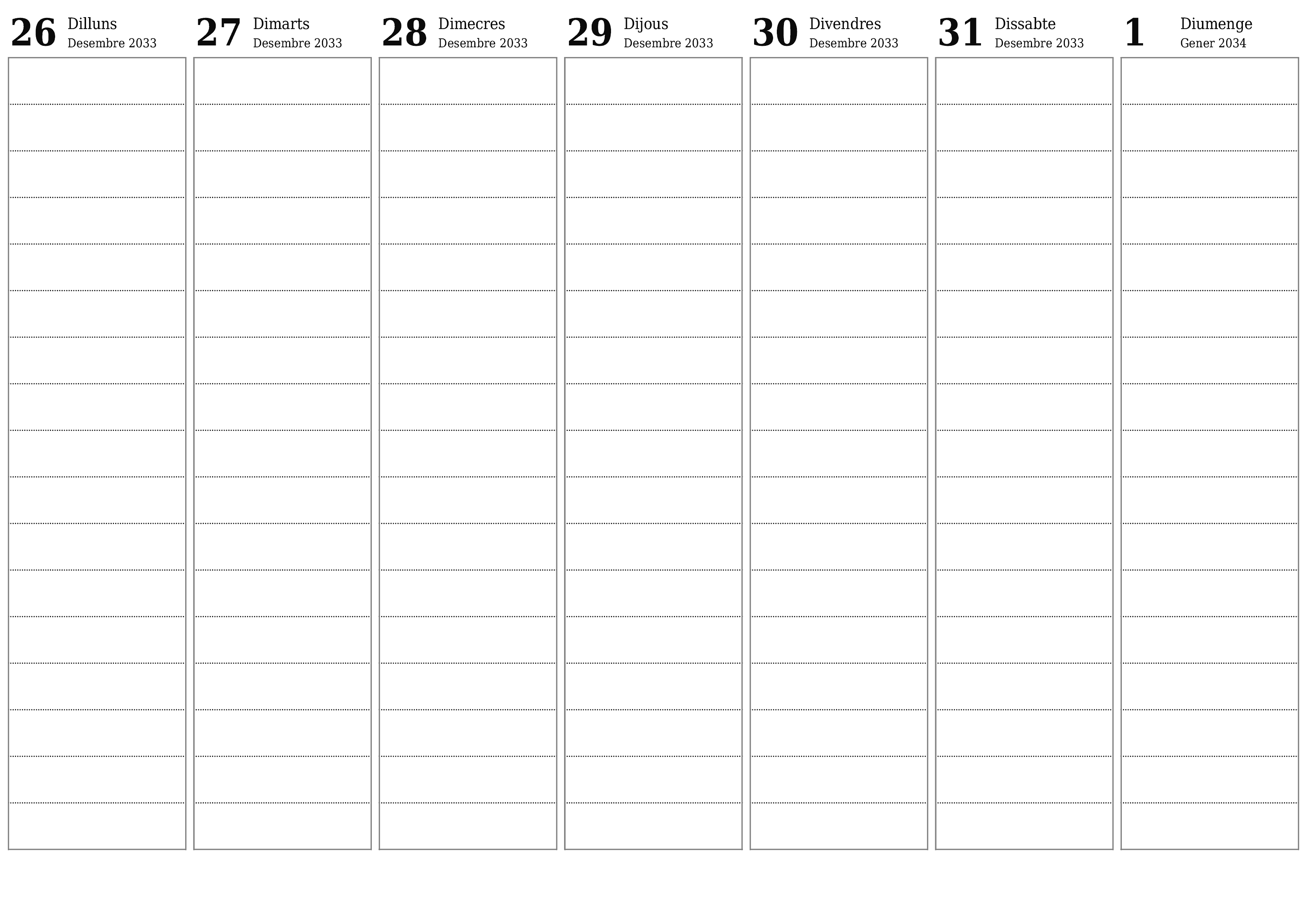 Planificador setmanal buit durant setmanes Gener 2034 amb notes, deseu-lo i imprimiu-lo en format PDF PNG Catalan