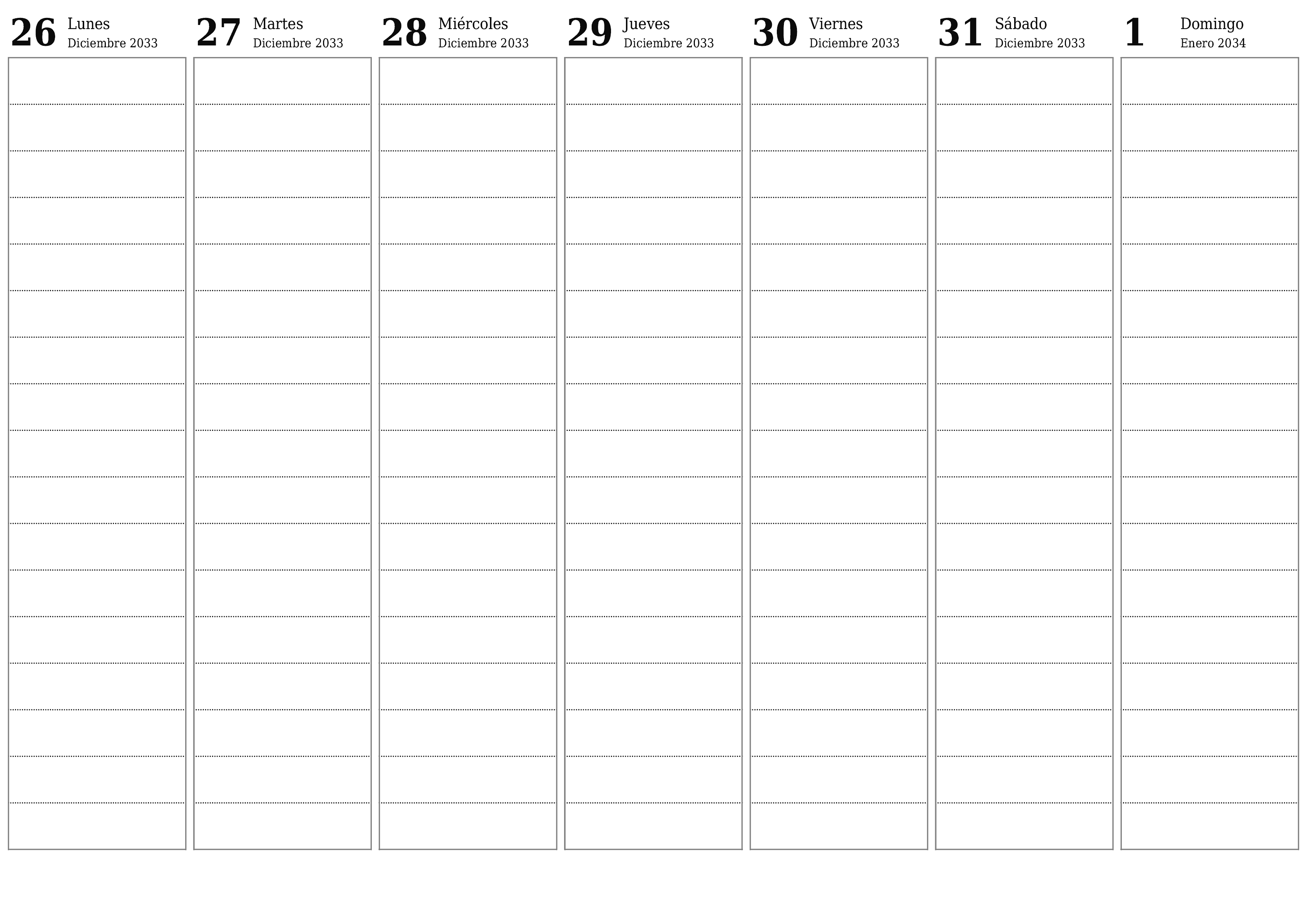 Planificador semanal vacío para semanas Enero 2034 con notas, guardar e imprimir en PDF PNG Spanish