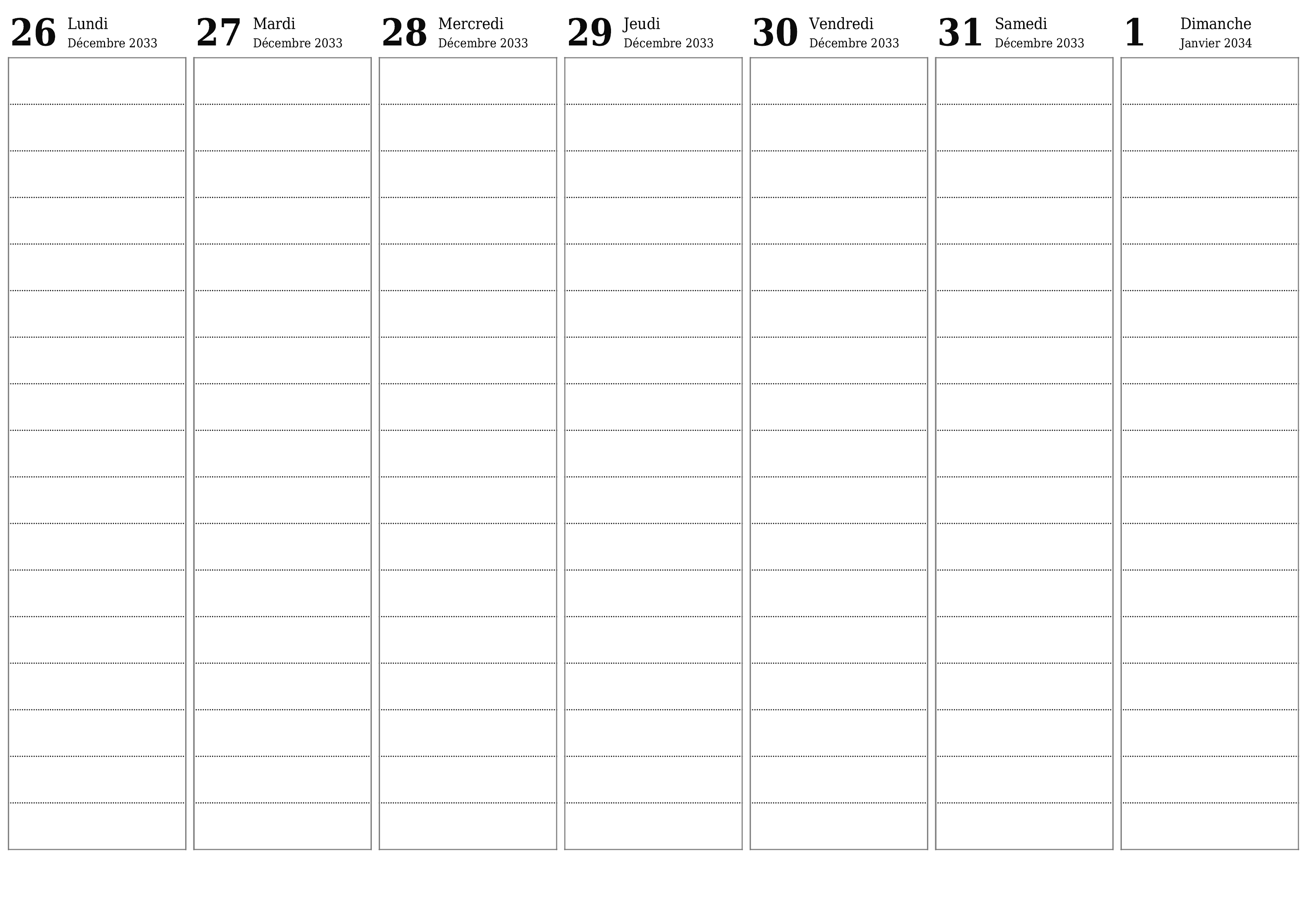 Agenda hebdomadaire vide pendant des semaines Janvier 2034 avec notes, enregistrez et imprimez au format PDF PNG French