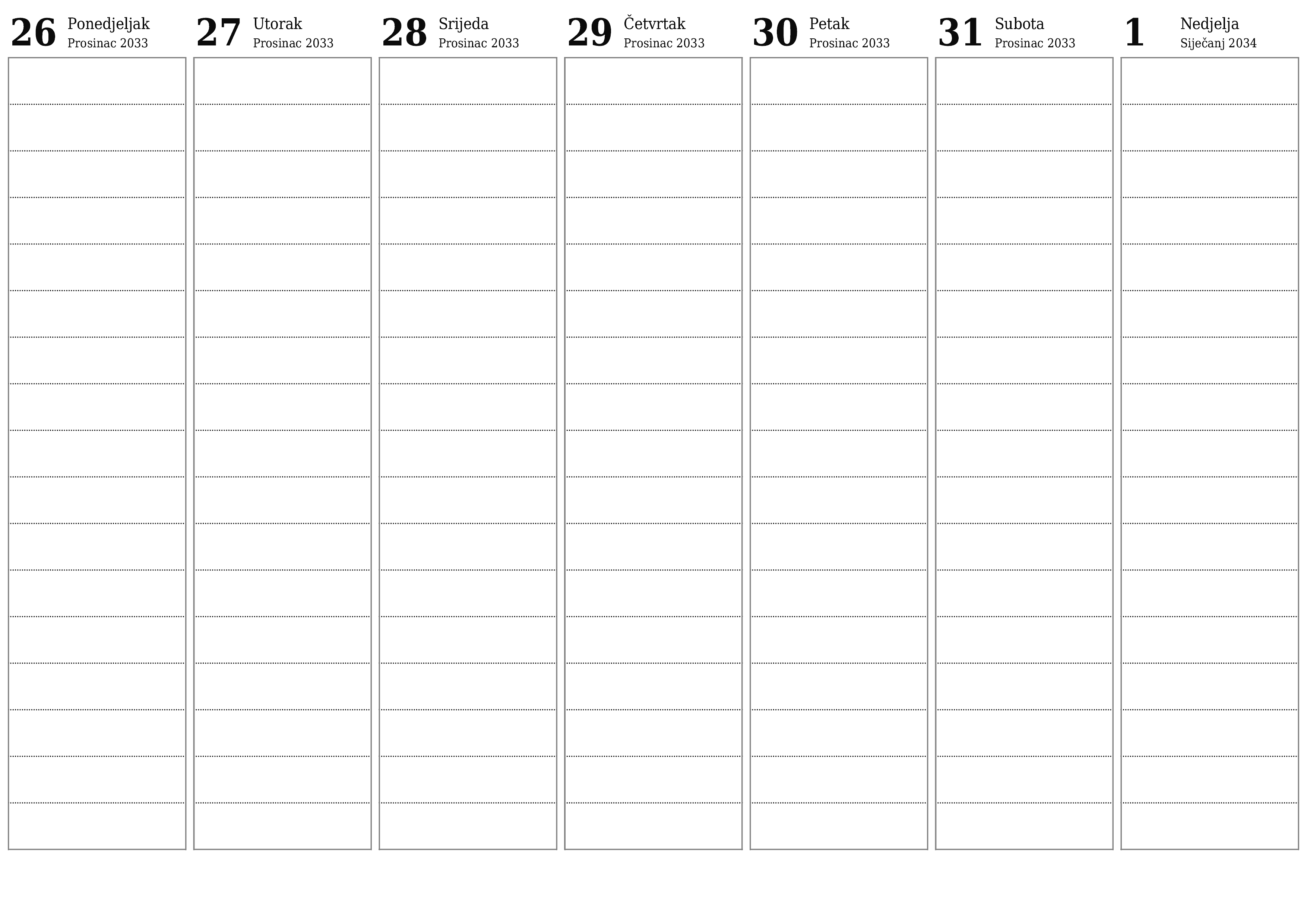  za ispis zidni predložak a besplatni horizontalno Tjedni planer kalendar Siječanj (Sij) 2034