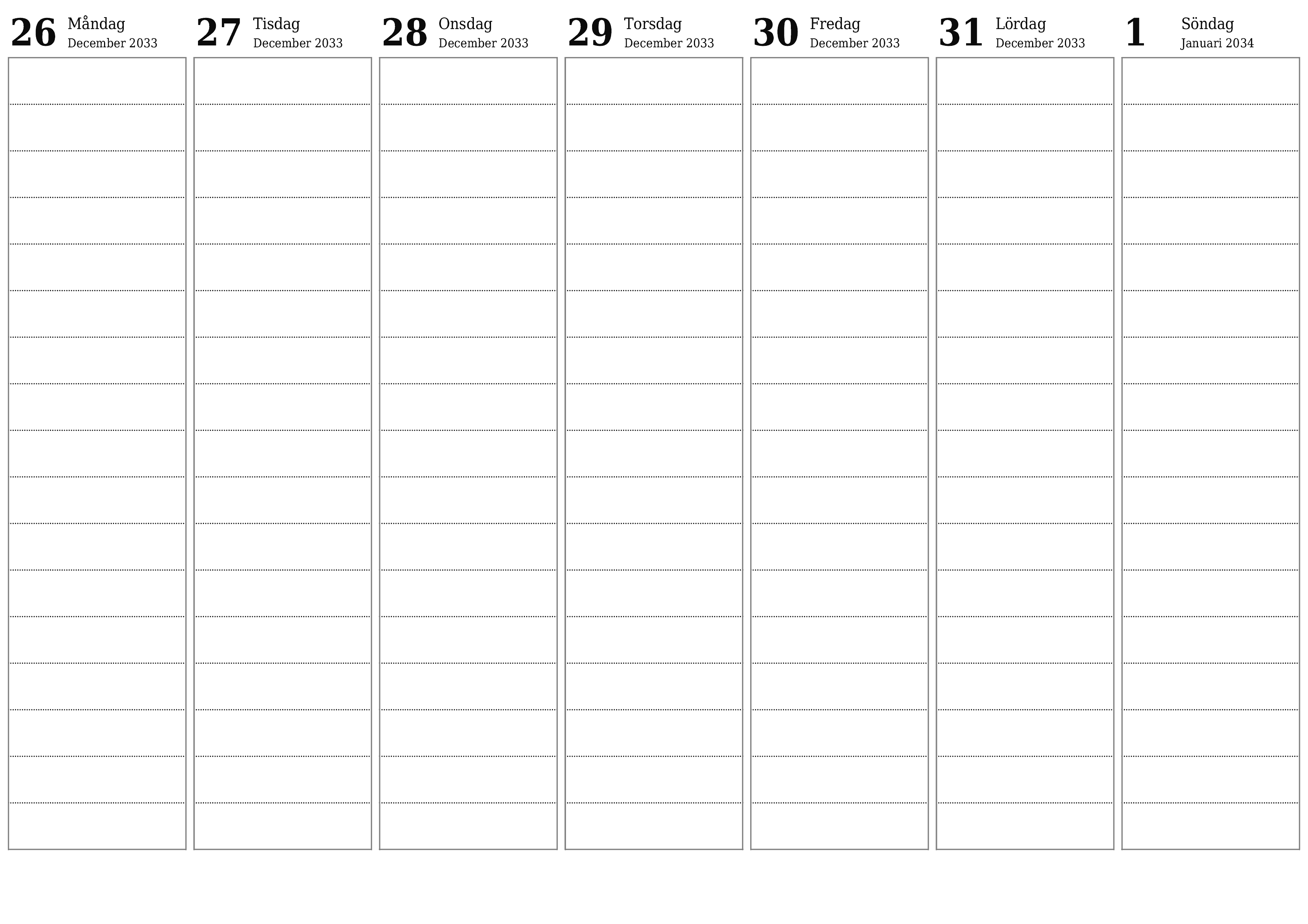 utskrivbar vägg mall gratis horisontell Veckovis planerare kalender Januari (Jan) 2034