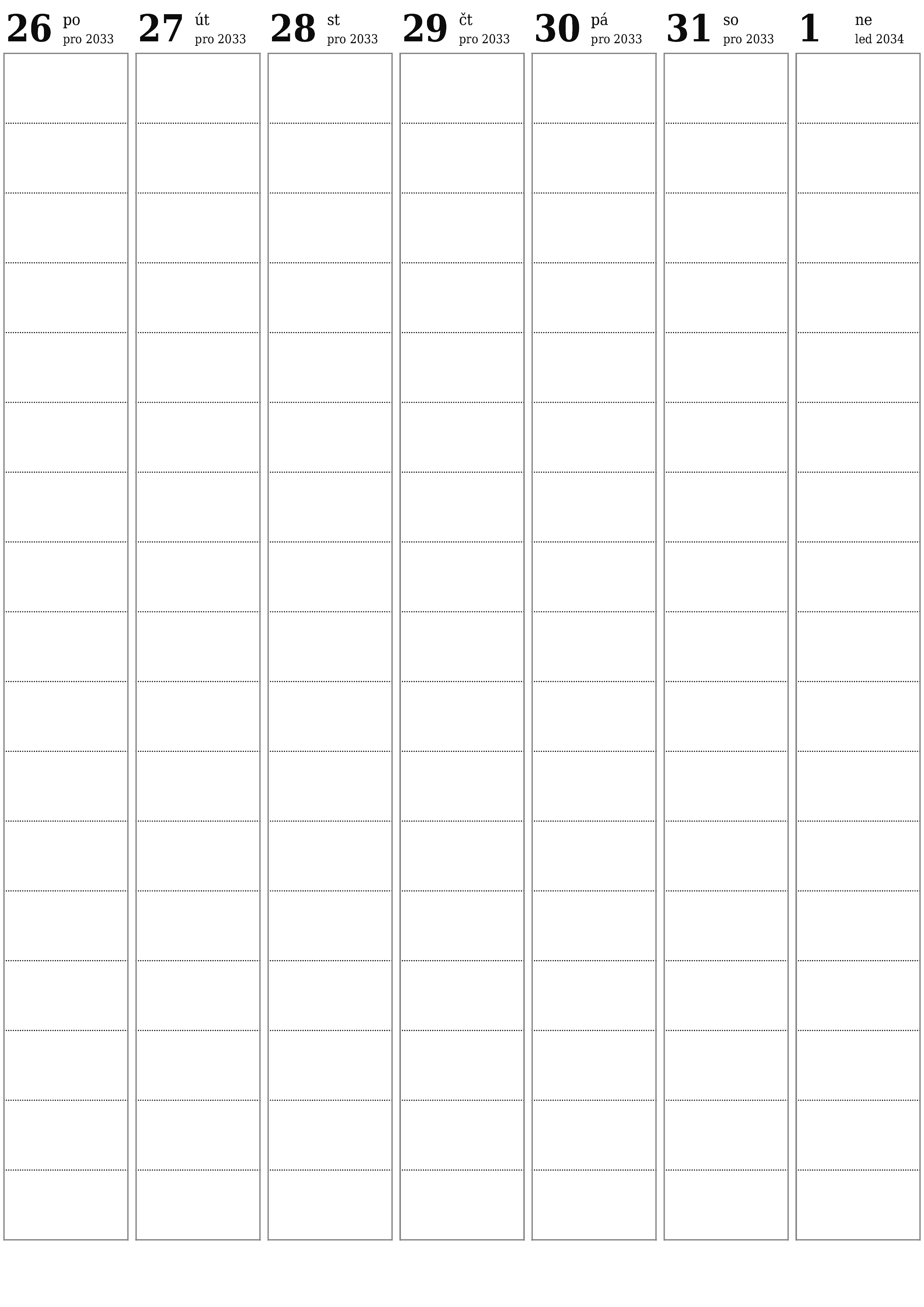 Prázdný týdenní plánovač na týdny leden 2034 s poznámkami, uložením a tiskem do PDF PNG Czech