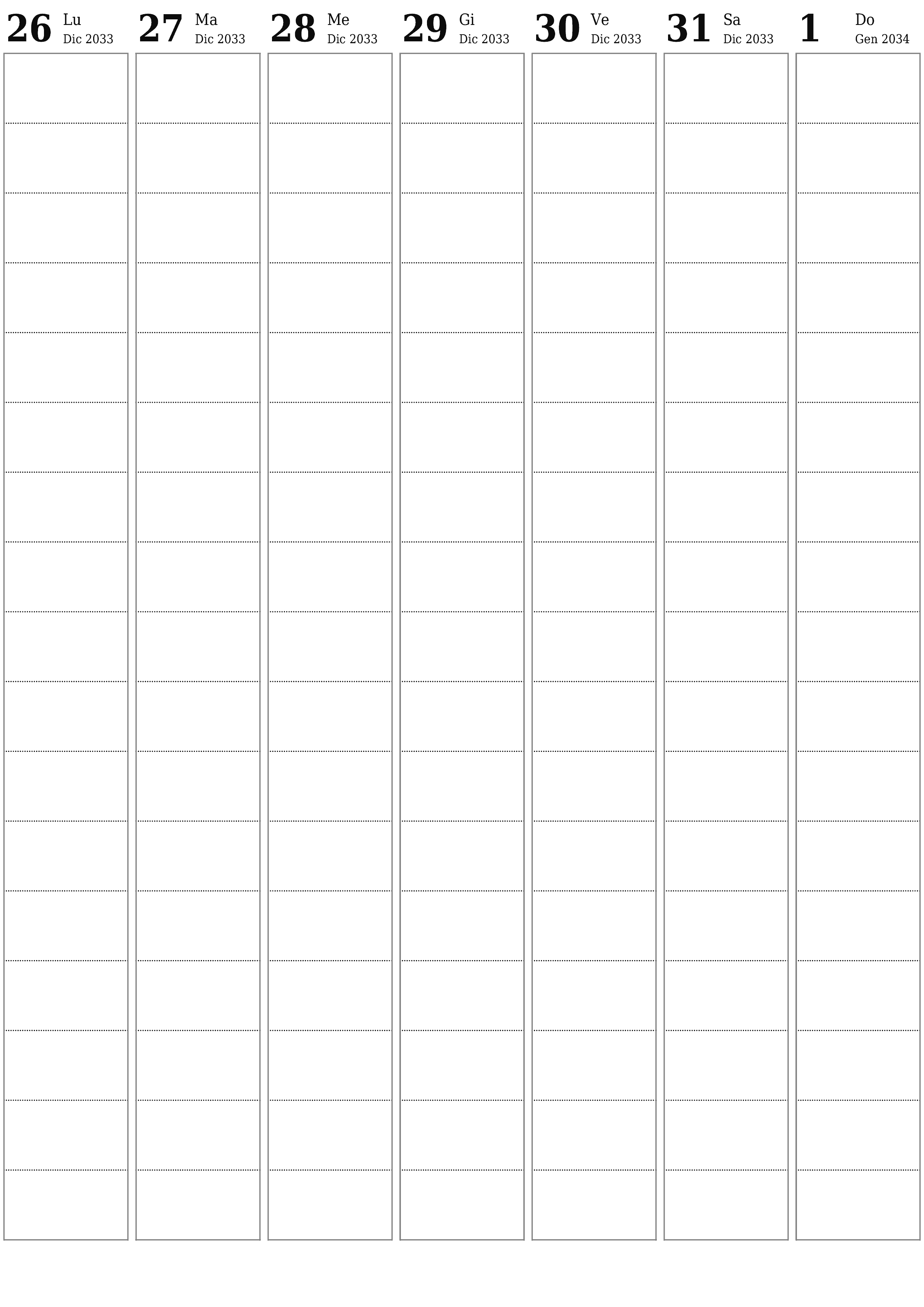 Agenda settimanale vuota per settimane Gennaio 2034 con note, salva e stampa in PDF PNG Italian