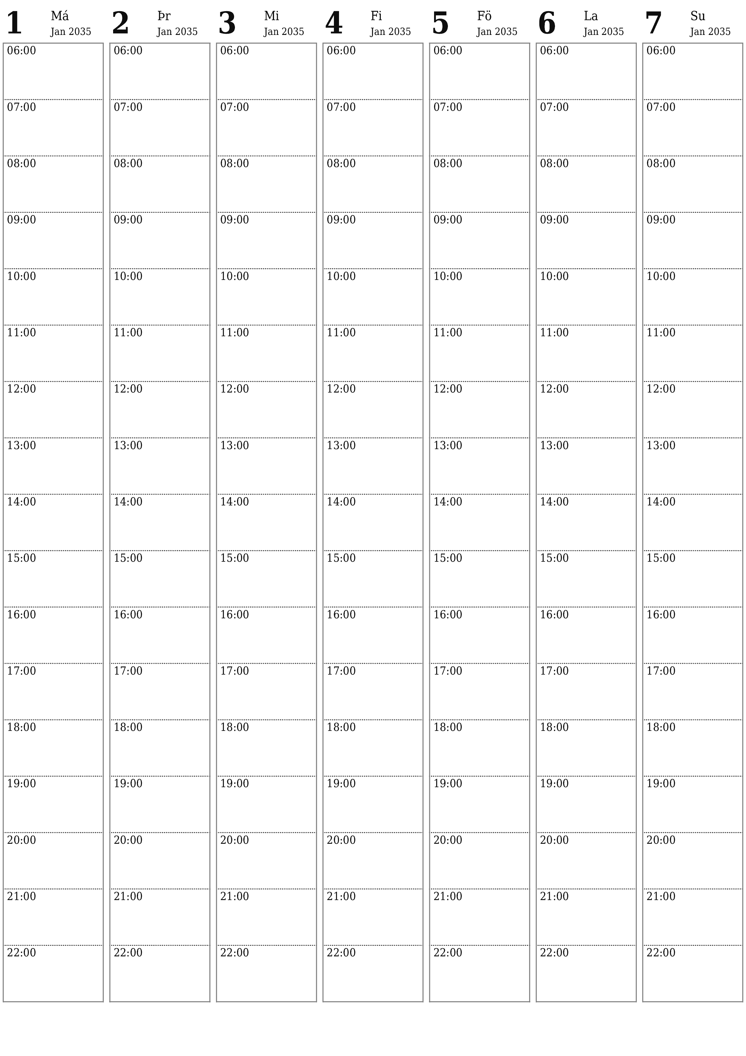Tómur vikulegur skipuleggjandi vikum saman Janúar 2035 með athugasemdum, vistaðu og prentaðu á PDF PNG Icelandic