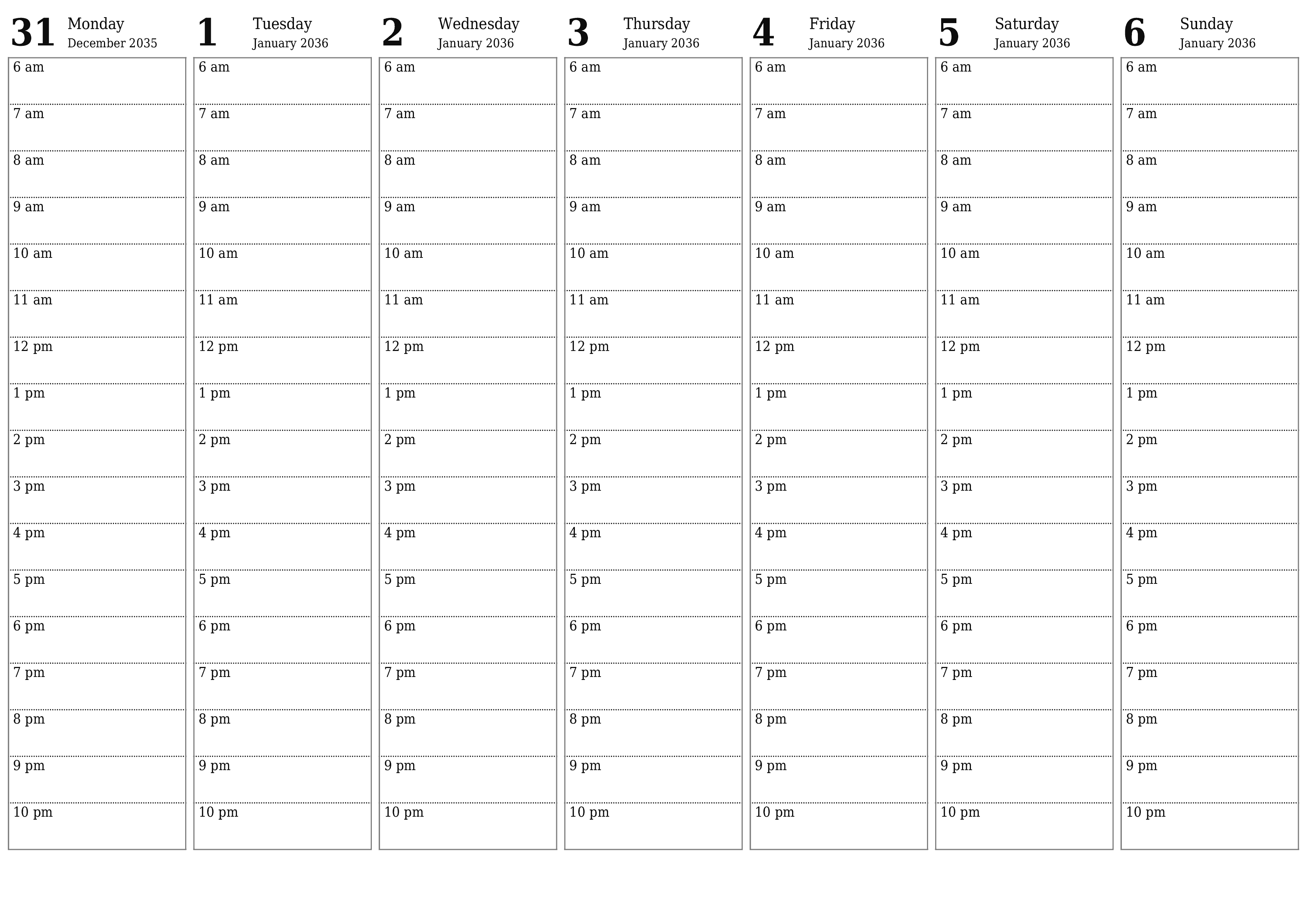 Blank calendar January 2036